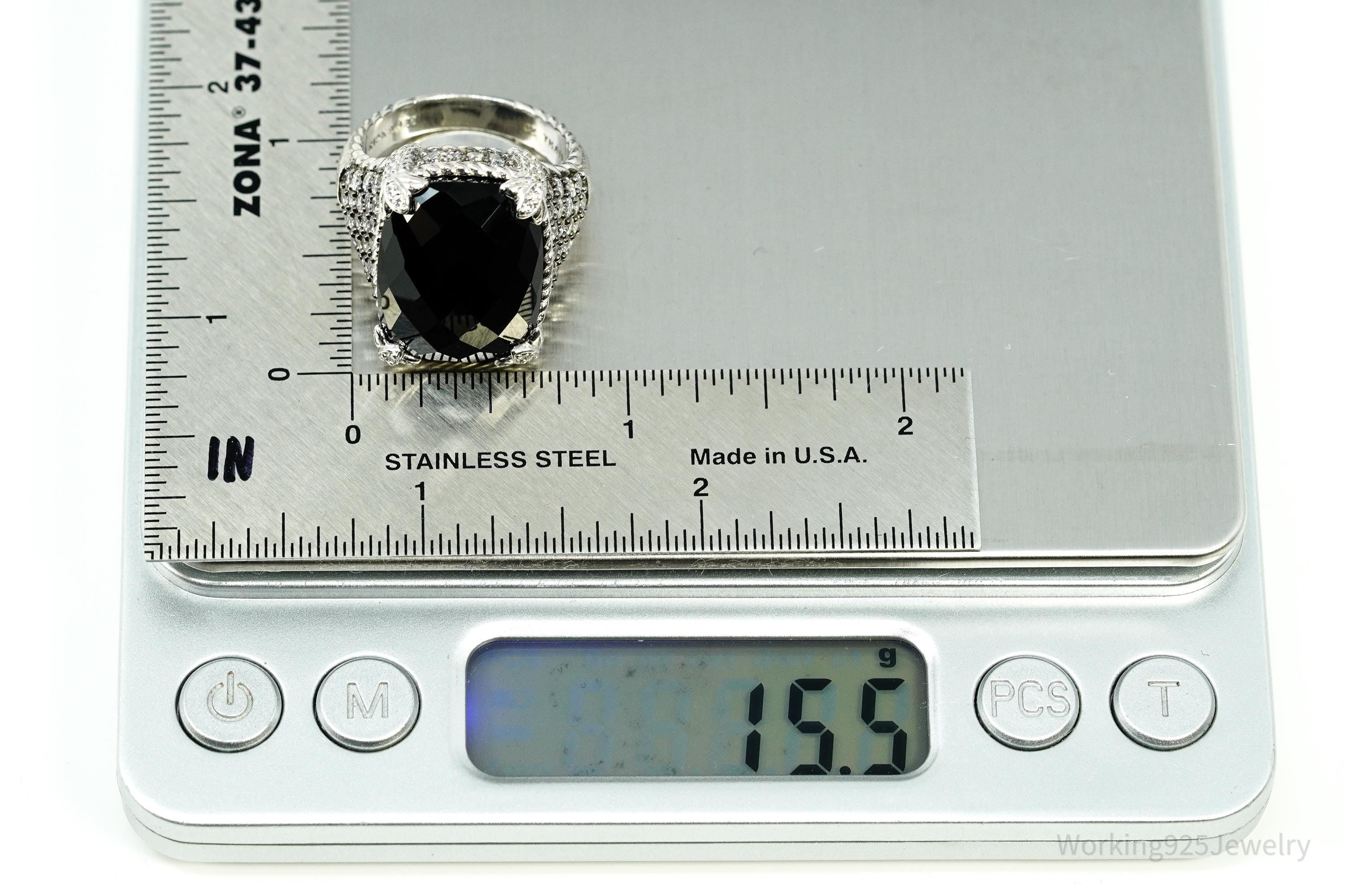 Judith Ripka Black Onyx & Cubic Zirconia Rhodium Over Sterling Silver Ring Size 9