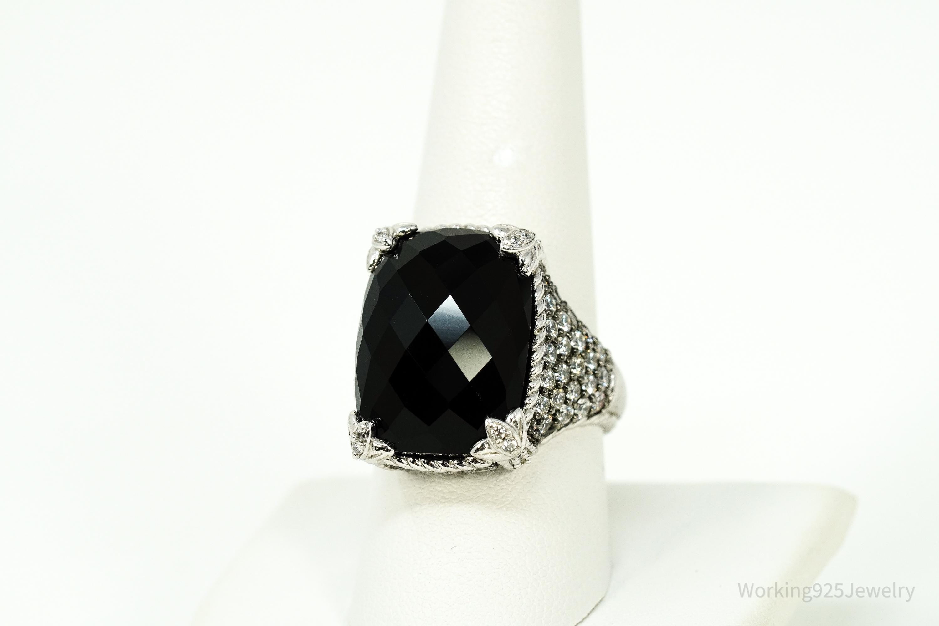 Judith Ripka Black Onyx & Cubic Zirconia Rhodium Over Sterling Silver Ring Size 9
