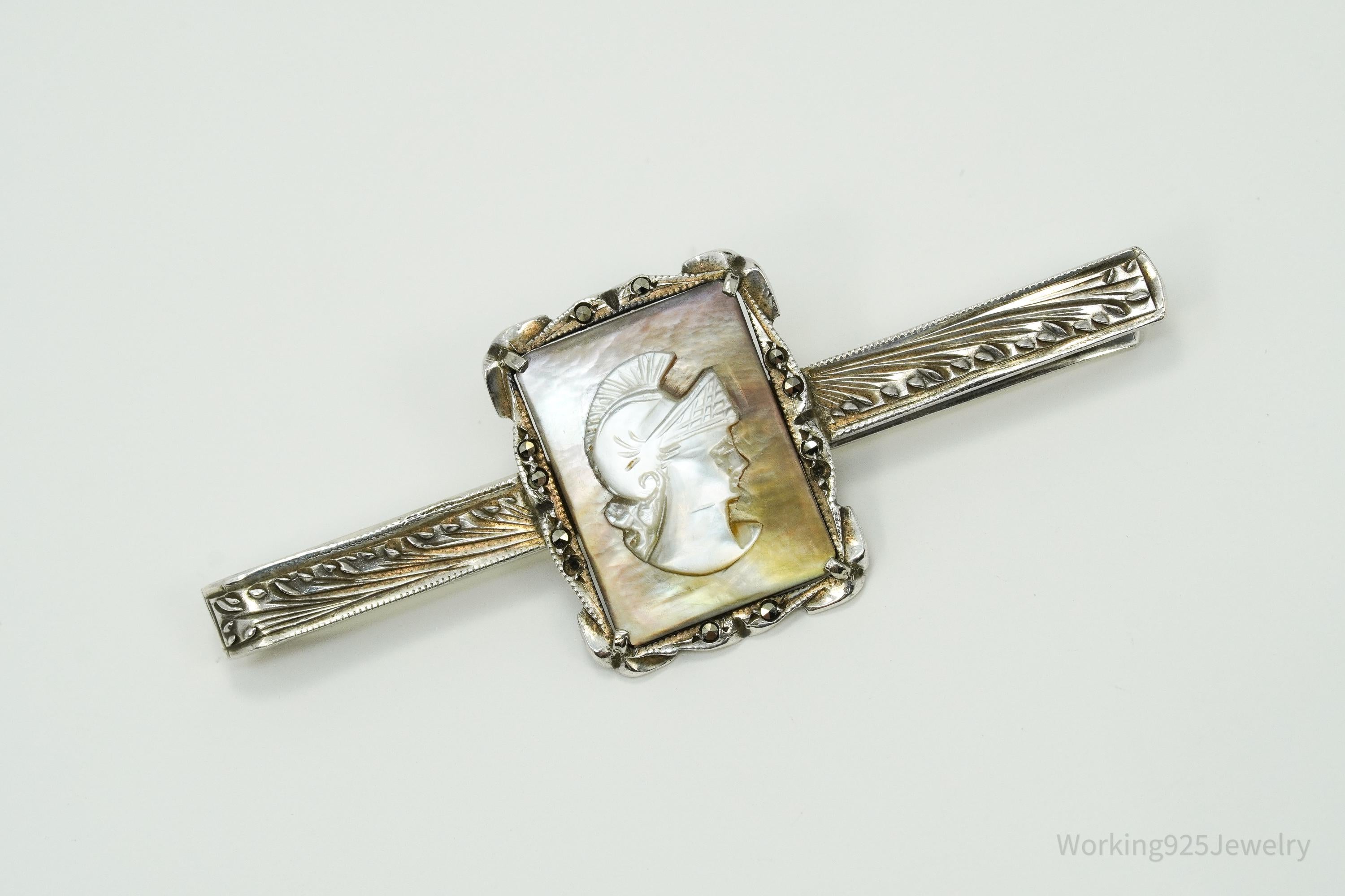 Antique Victorian 800 Silver Mother of Pearl Cameo And Marcasite Warrior Tie Clip