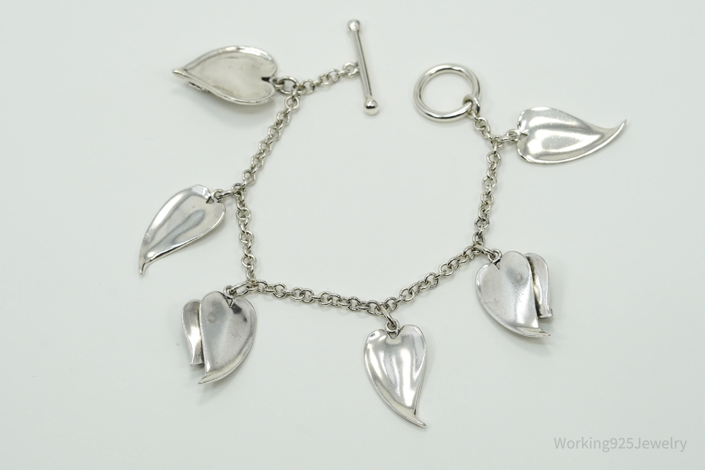 Vintage Leaves Charms Sterling Silver Toggle Bracelet 6 3/8"