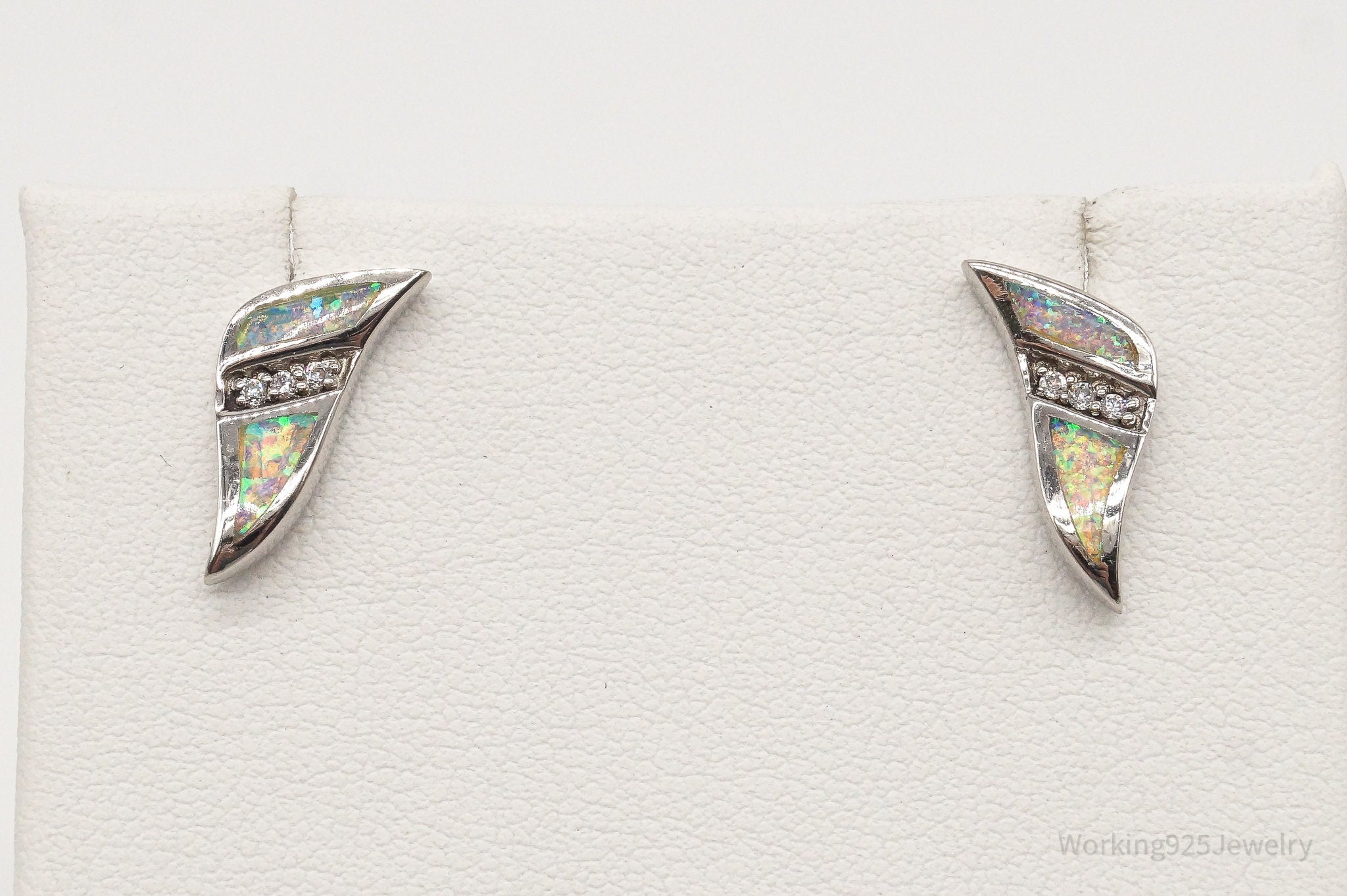 Vintage Opal Cubic Zirconia Art Deco Sterling Silver Earrings