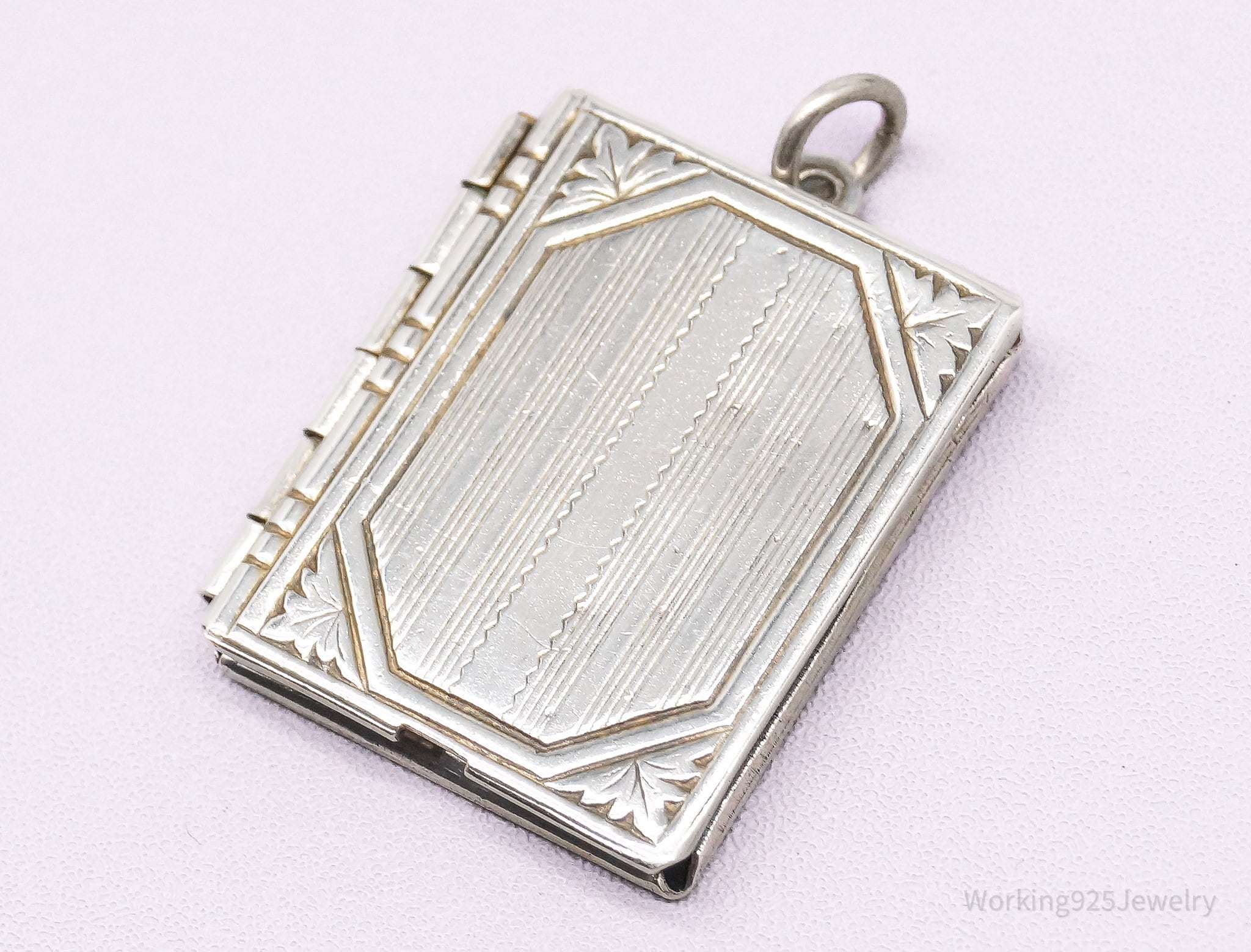 Antique Etched Sterling Silver Secret Book Locket Necklace Pendant