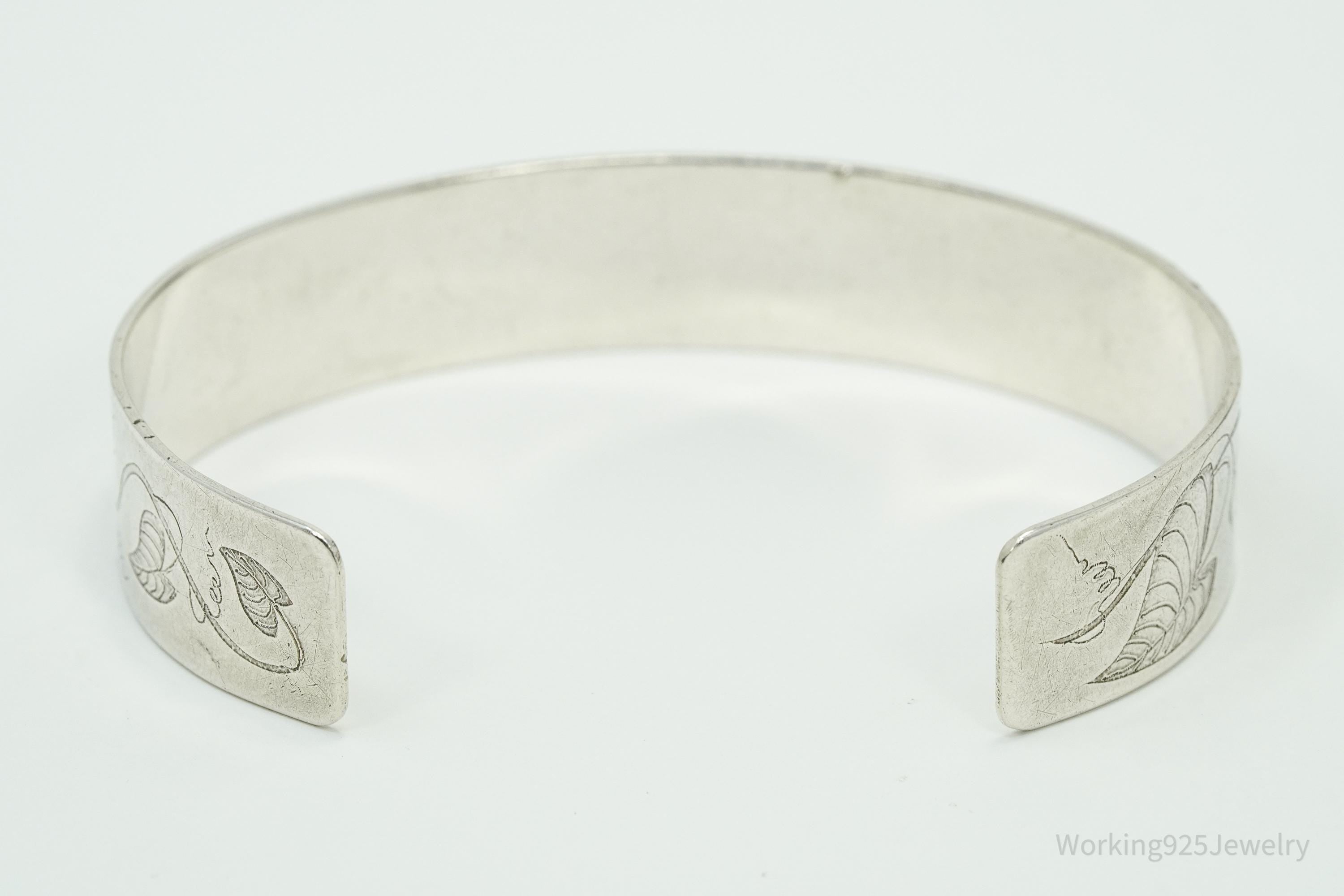 Vintage Floral Pattern Flowers Sterling Silver Cuff Bracelet 6.75"