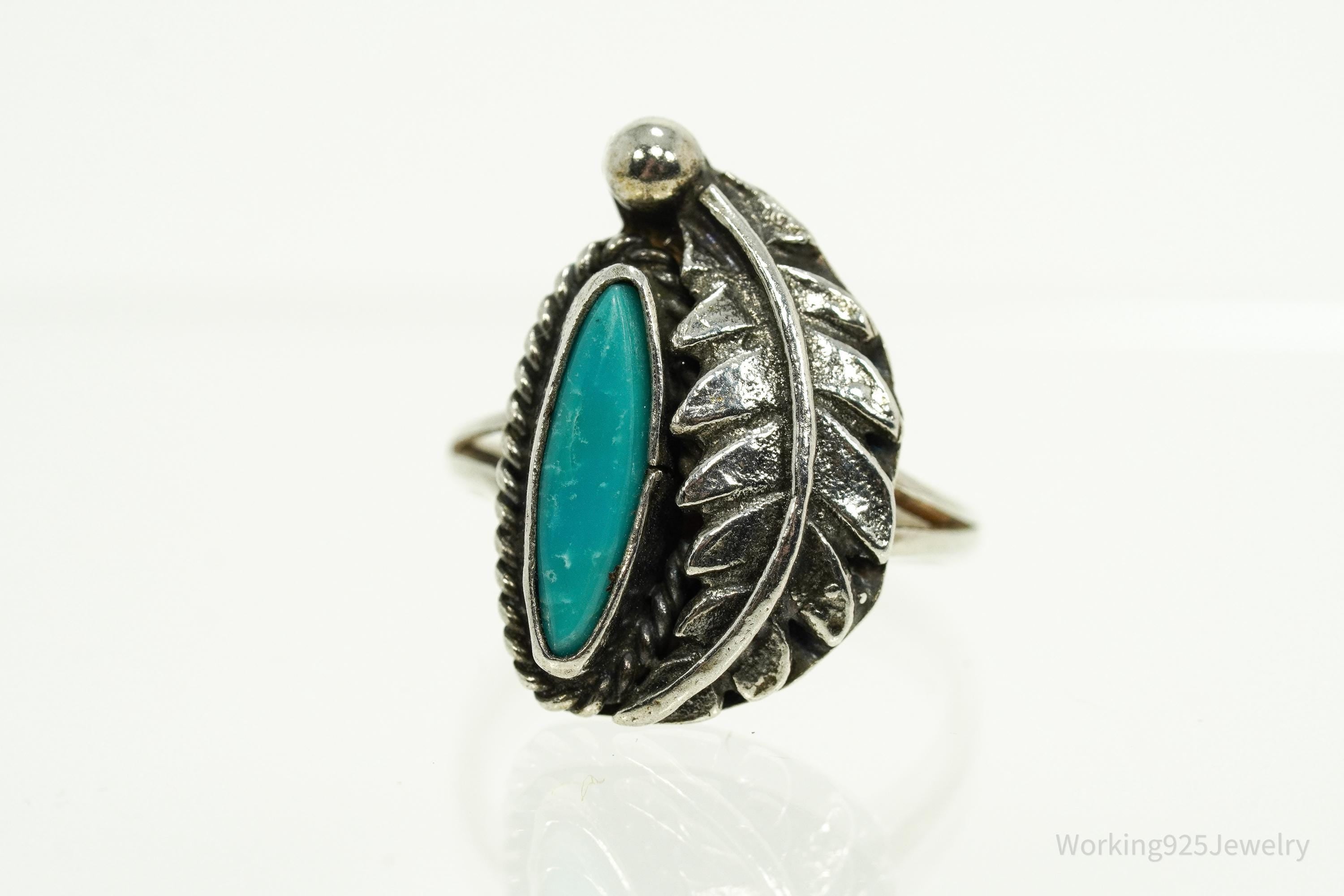 Vintage Native American Turquoise Unsigned Silver Ring - Size 6