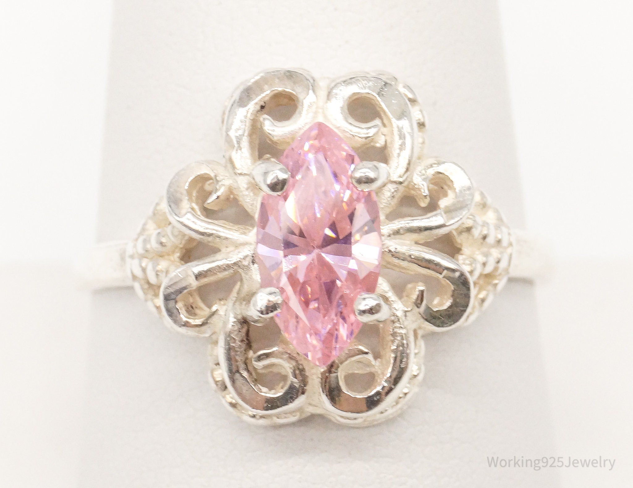 Vintage Pink Cubic Zirconia Sterling Silver Ring - Size 9.25