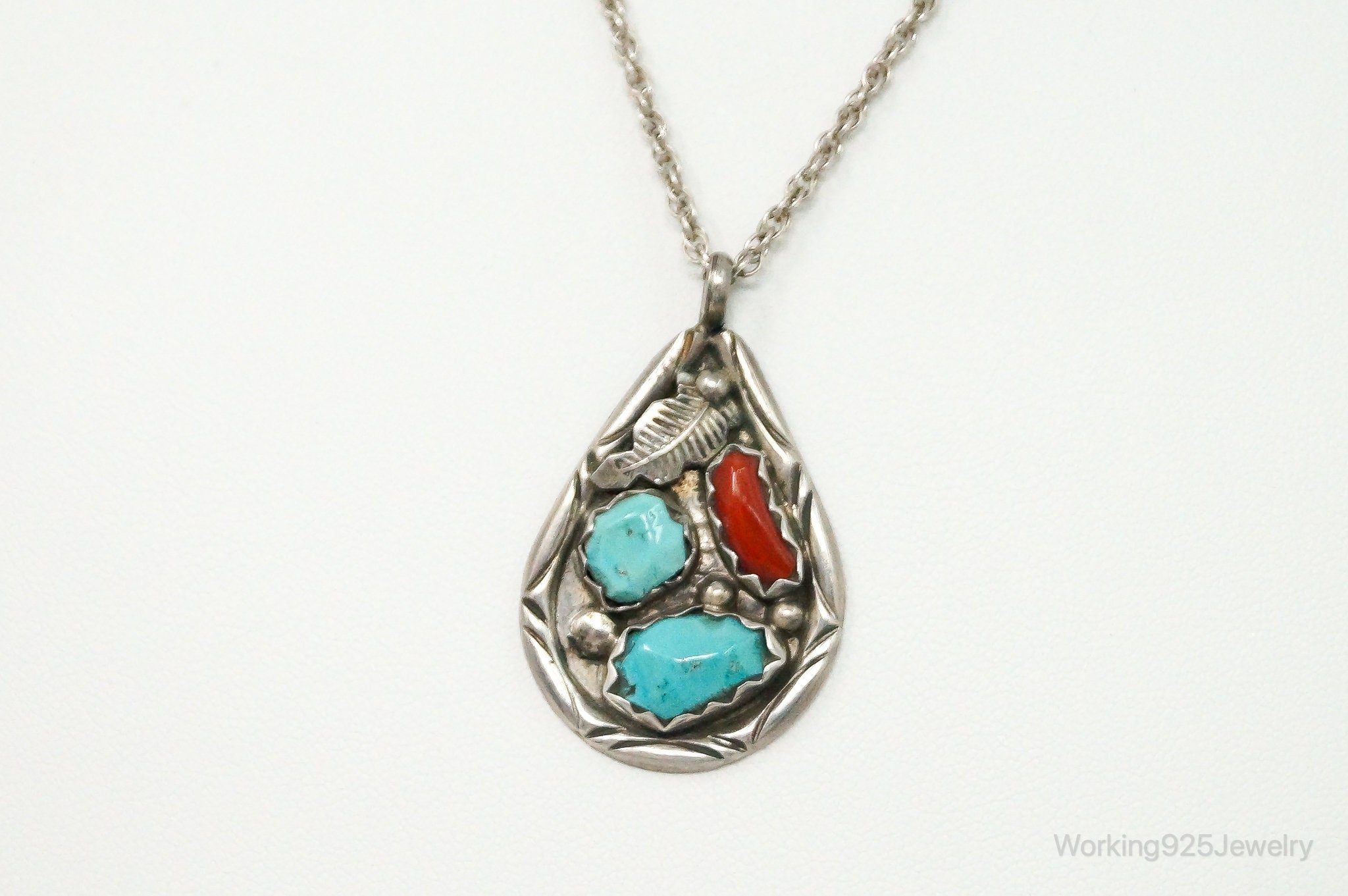 VTG Native American Afonso Penketewa Turquoise Coral Sterling Silver Necklace