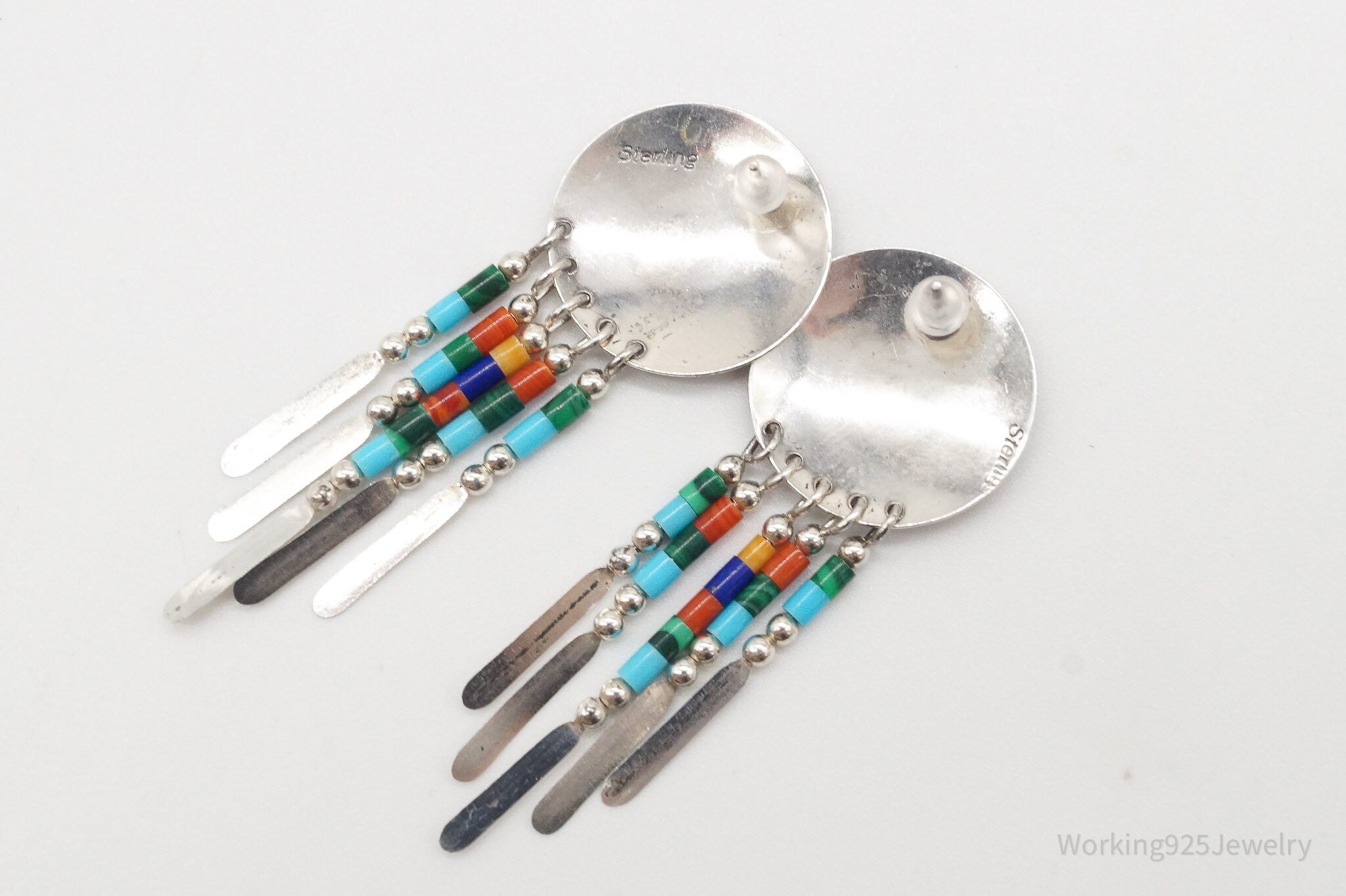 Vintage Native American Multi Gem Bead Sterling Silver Earrings