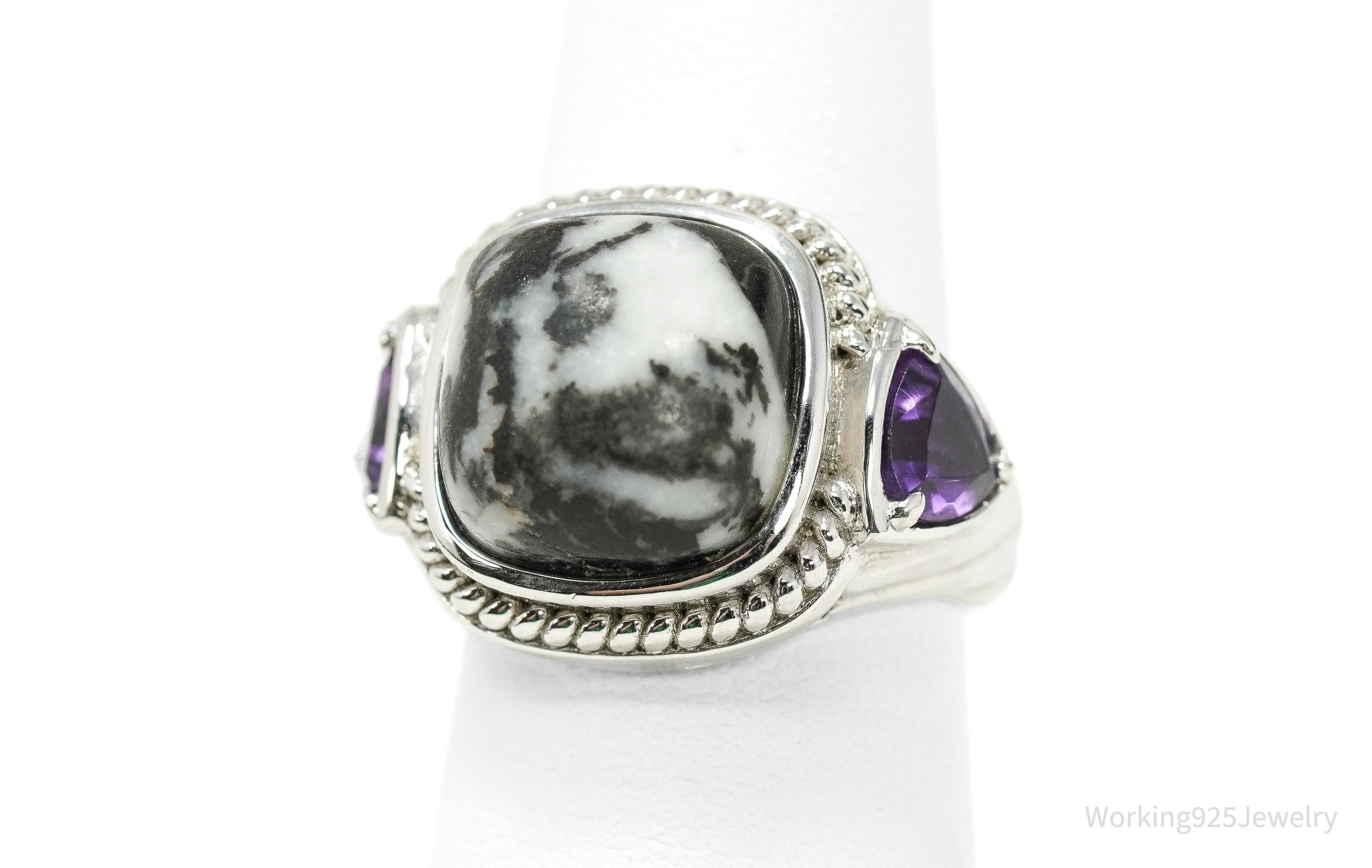 Vintage Black & White Gemstone Amethyst Sterling Silver Ring – Size 7