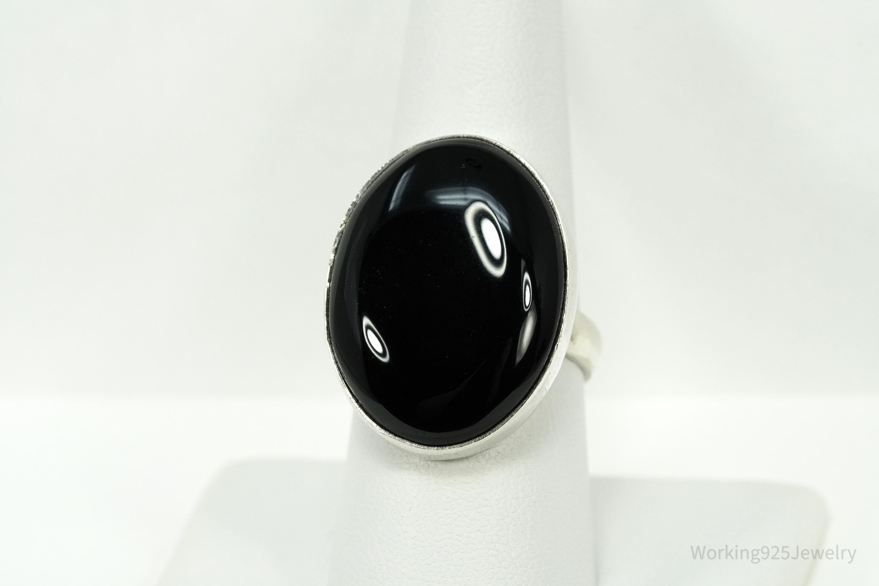 Vintage Large Black Onyx Sterling Silver Ring - Size 8.75
