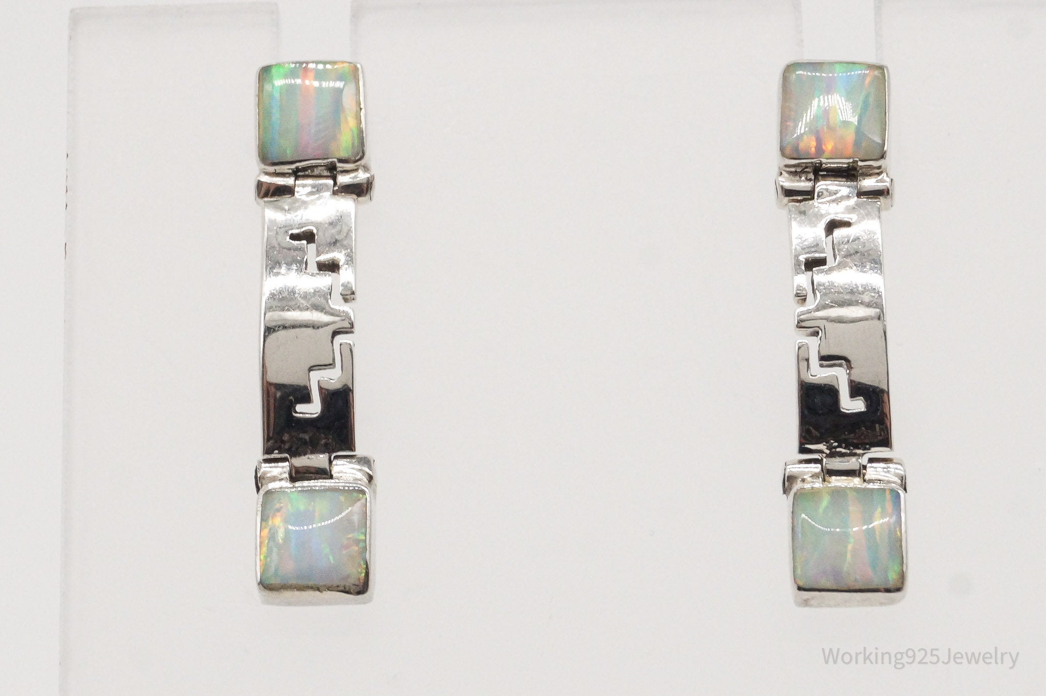 Vintage Mexican White Opal Aztec 950 Silver Earrings