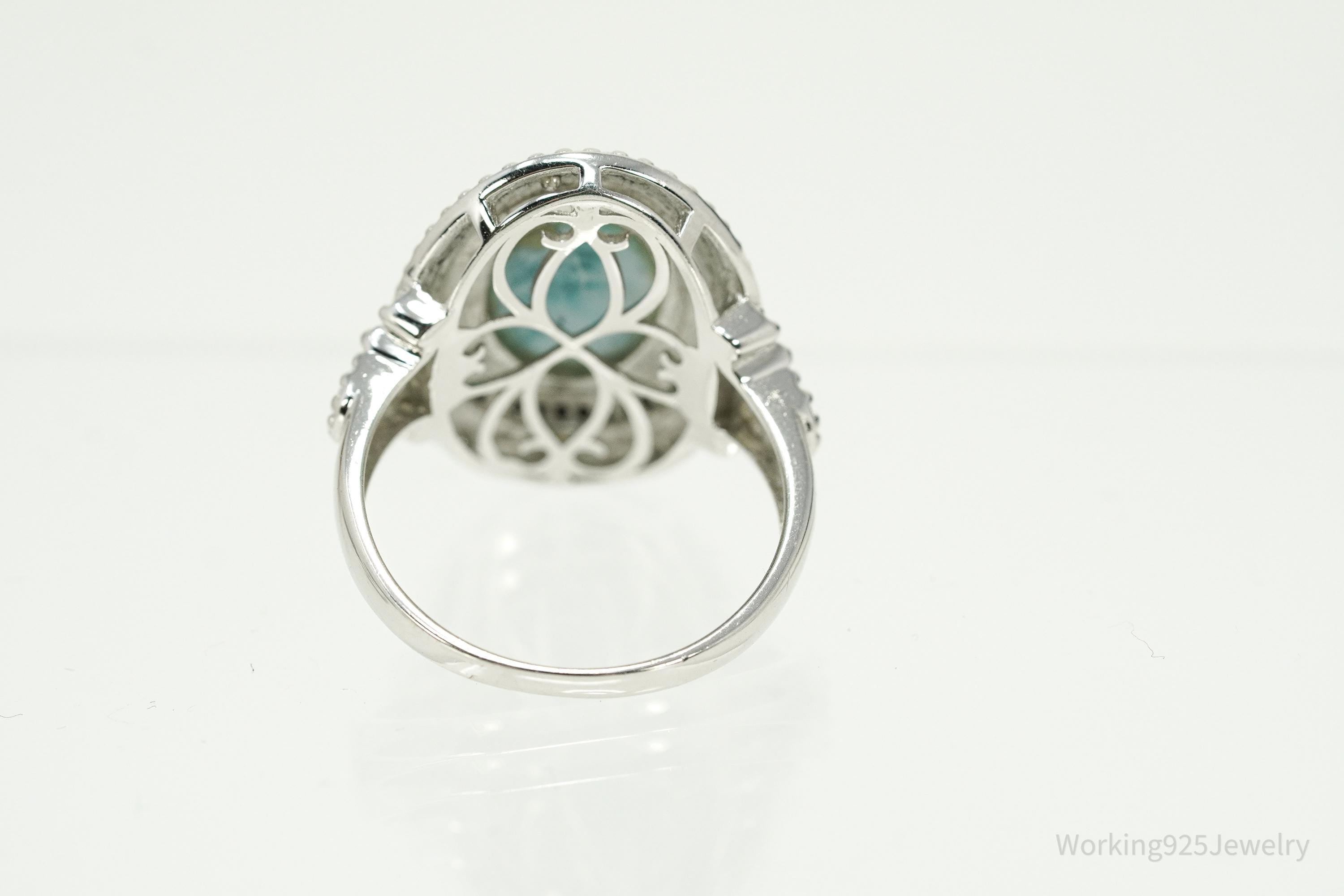 Vintage Blue Larimar & Black Spinel Sterling Silver Ring - Size 11