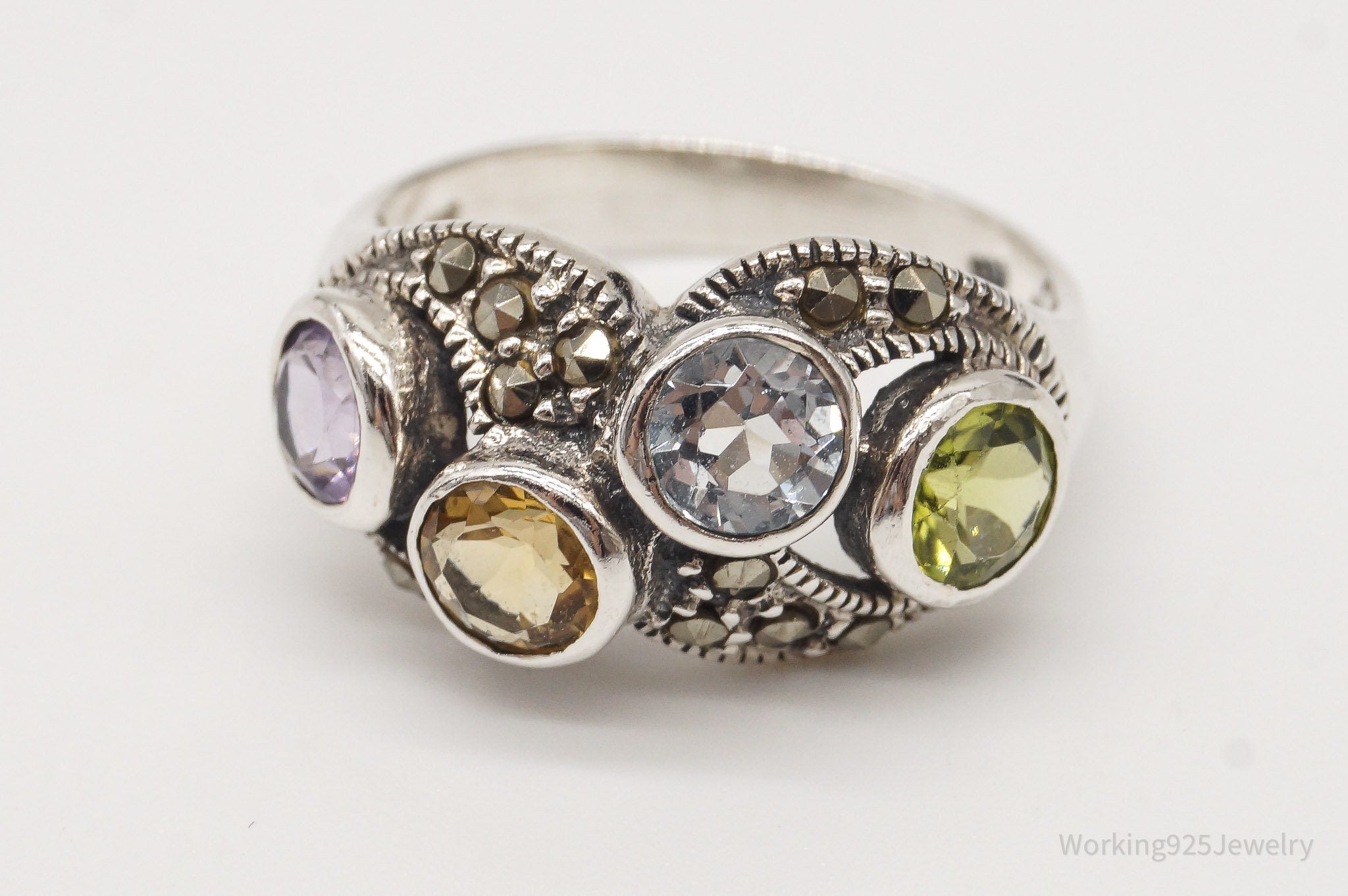 Vintage Multi Gemstone Sterling Silver Ring - Size 6