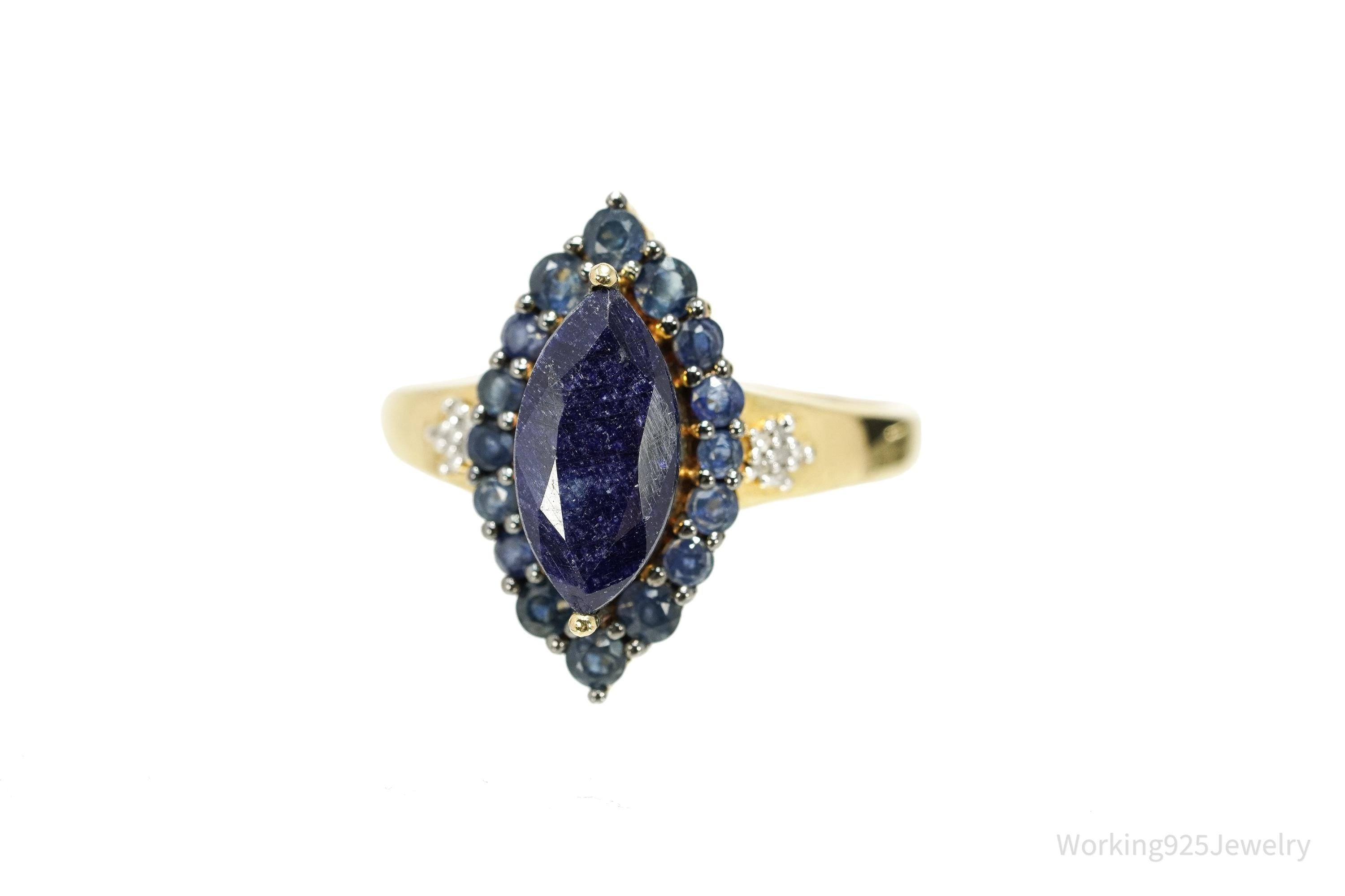 Vintage 70s Sapphire & Diamond Marquise Gold Over Sterling Cocktail Ring Sz 12