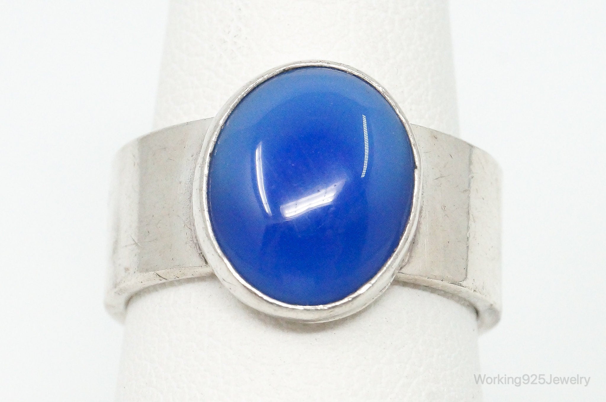 Vintage Mexico Blue Glass Modernist Sleek Sterling Silver Ring - Size 7.25