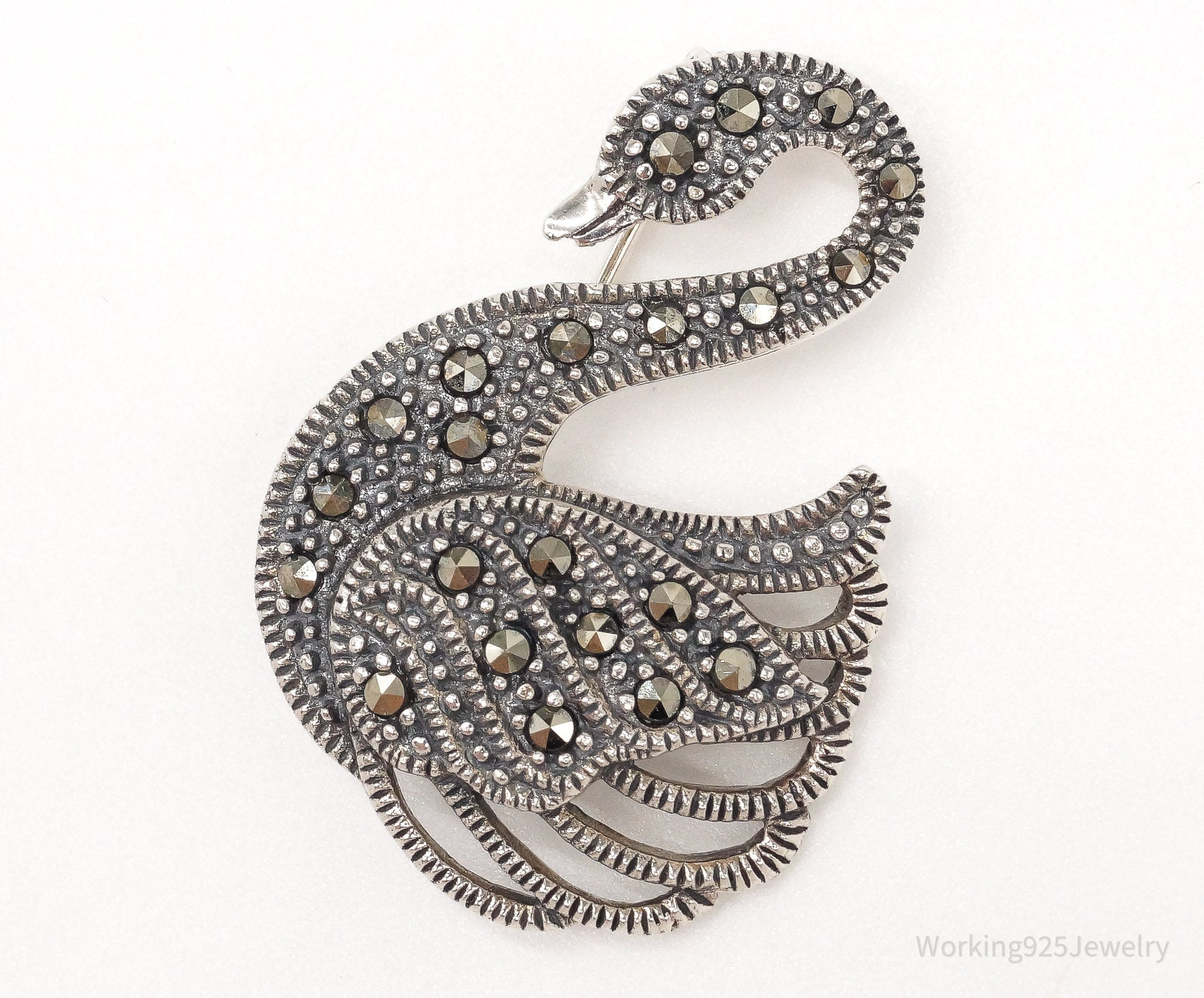 Vintage Marcasite Swan Sterling Silver Brooch Pin