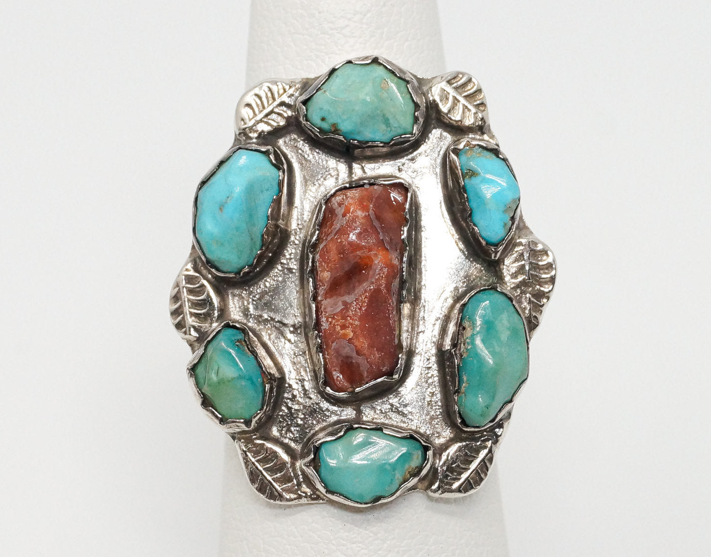 Vintage Native American Turquoise Coral Sterling Silver Ring - SZ 4.75