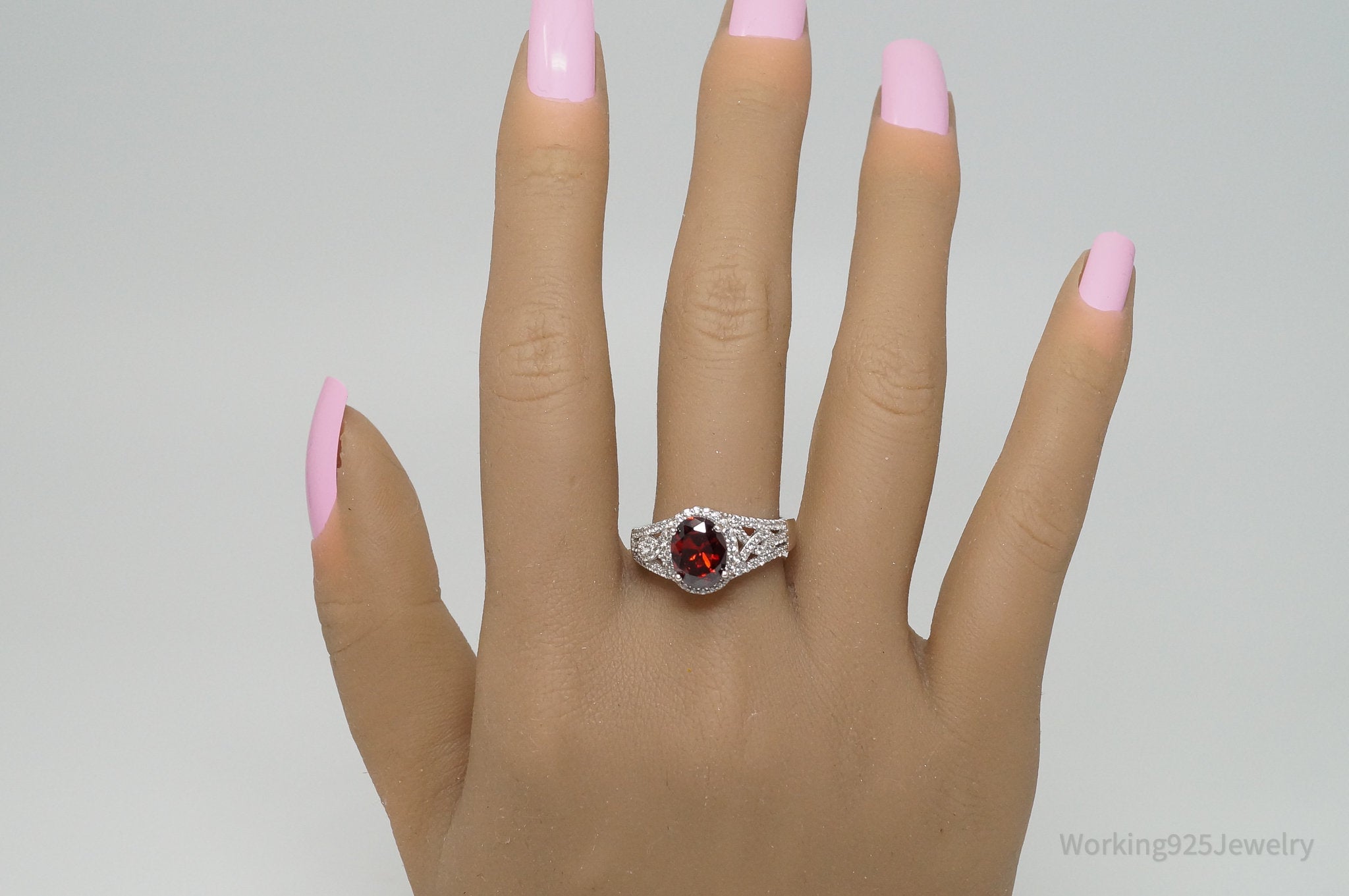 Vintage Art Deco Style Garnet CZ Sterling Silver Ring Size 8
