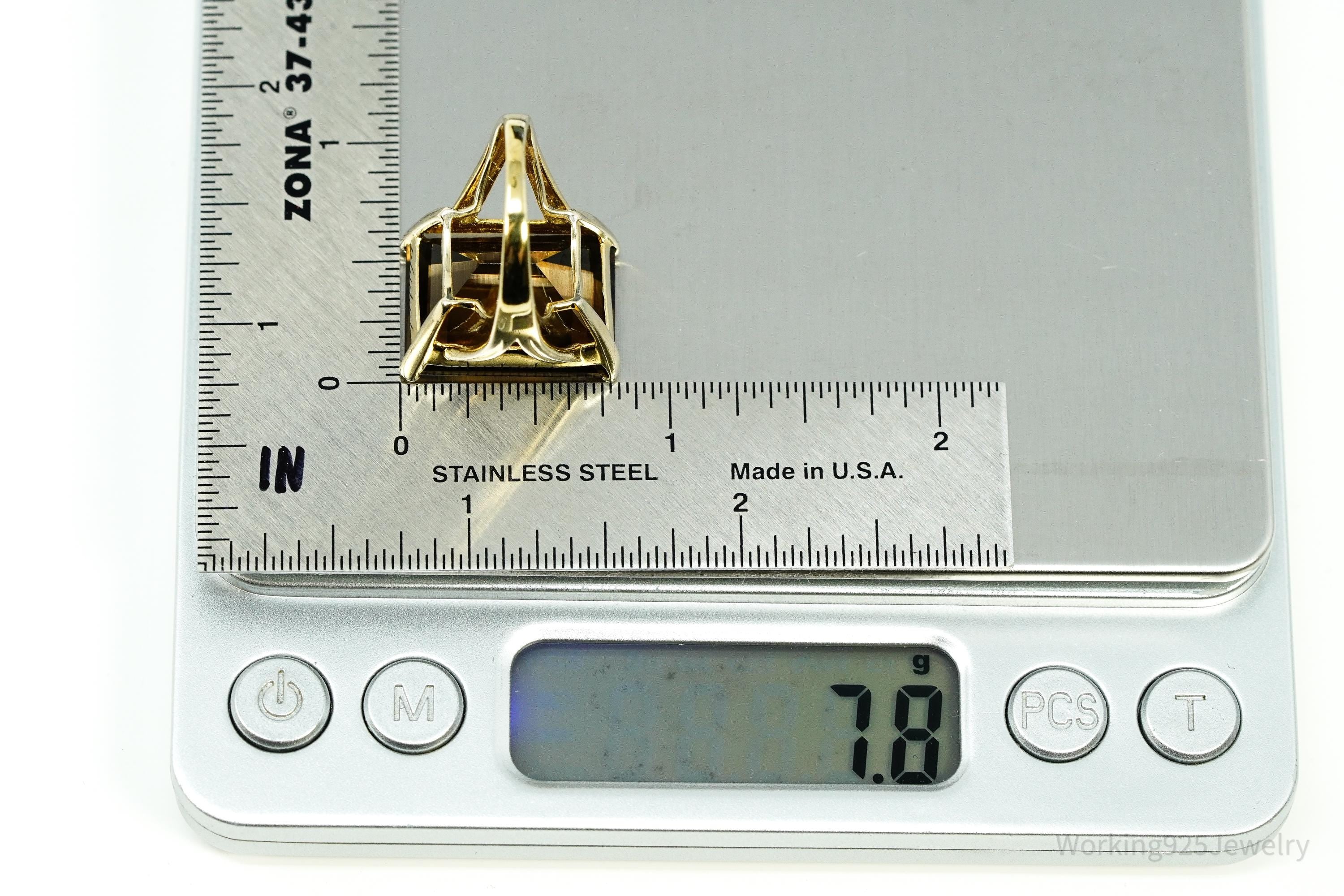 Vintage Large Smoky Topaz Gold Vermeil Sterling Silver Ring - Size 7.5