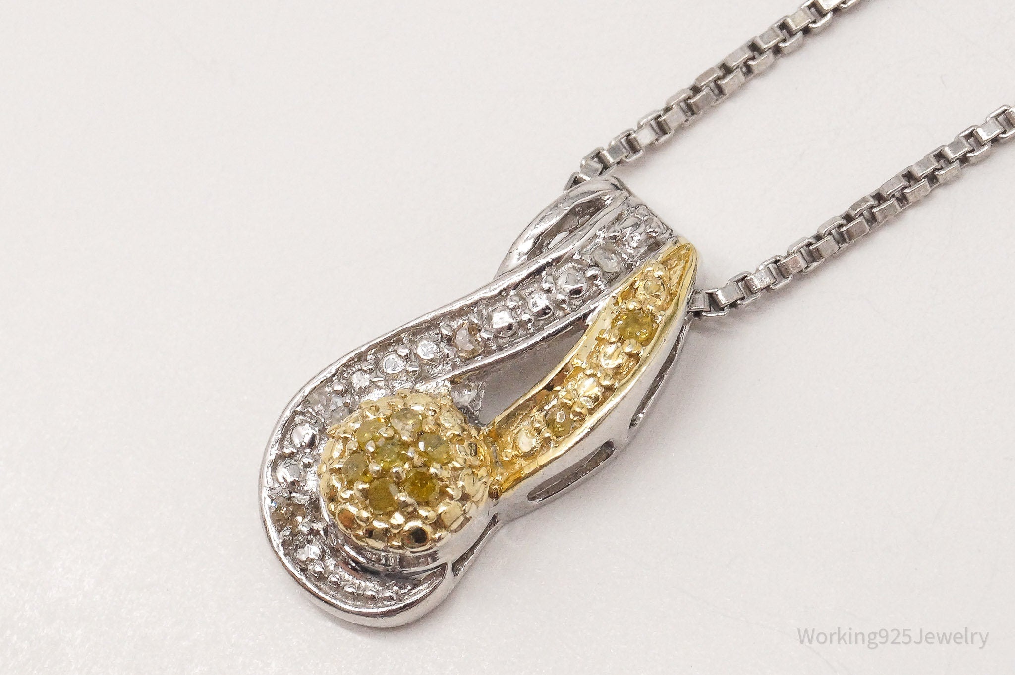 Vintage Yellow & White Diamond Gold Vermeil Sterling Silver Necklace 18"