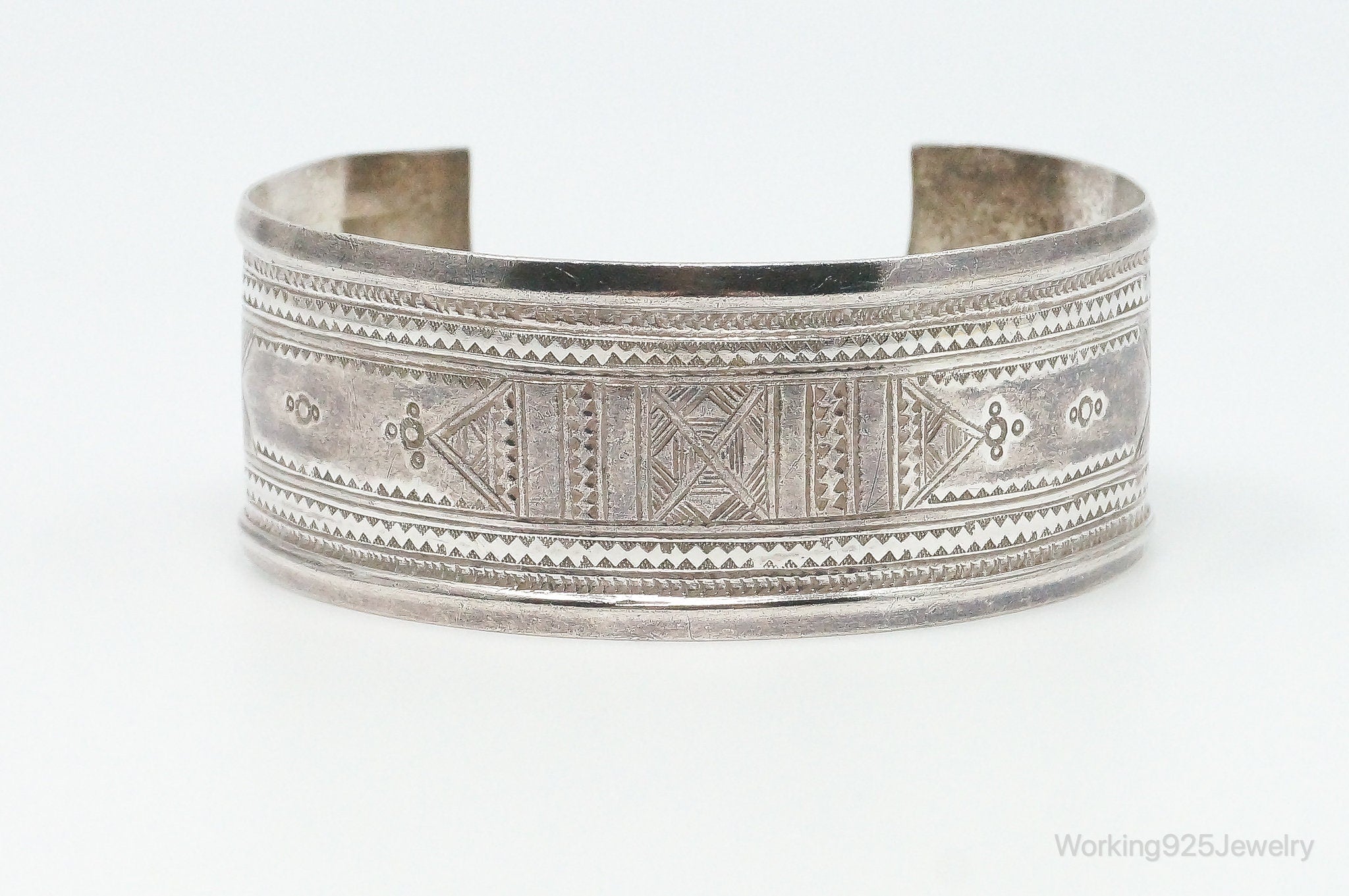 Vintage Southwestern Handmade Tribal Etched Sterling Silver Cuff Bracelet