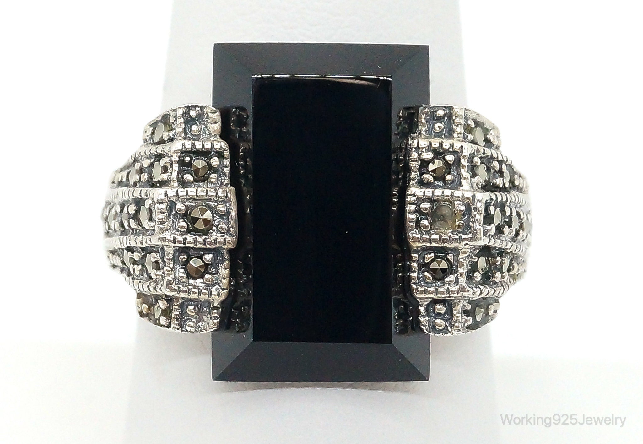 Vintage Marcasite Black Onyx Sterling Silver Ring - Size 8