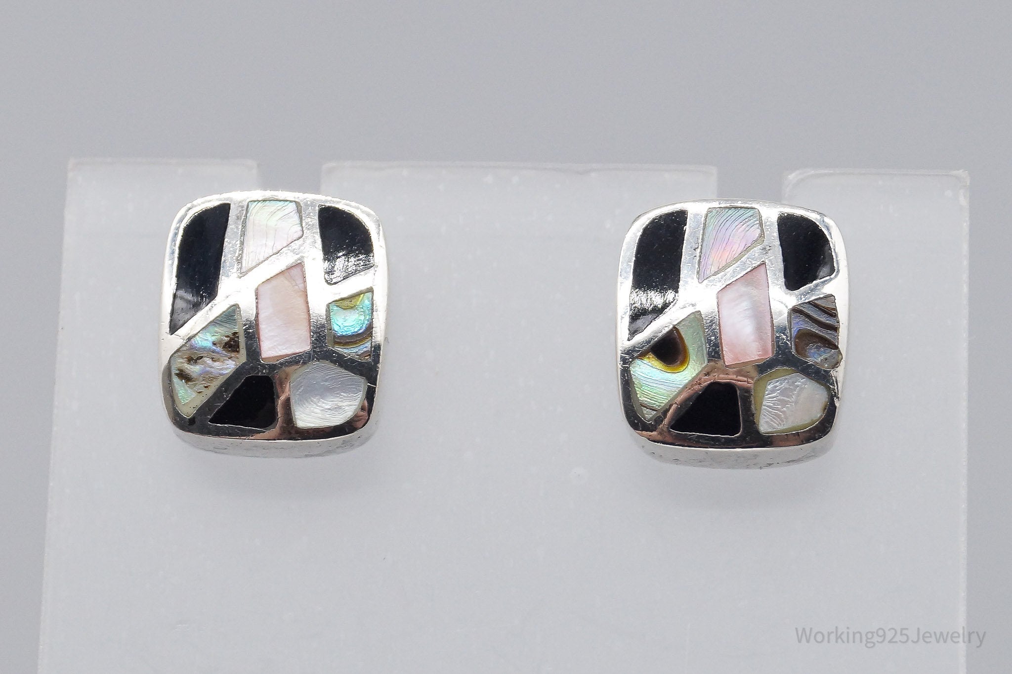 VTG Mother Of Pearl Black Onyx Paua Abalone Shell Inlay Sterling Silver Earrings