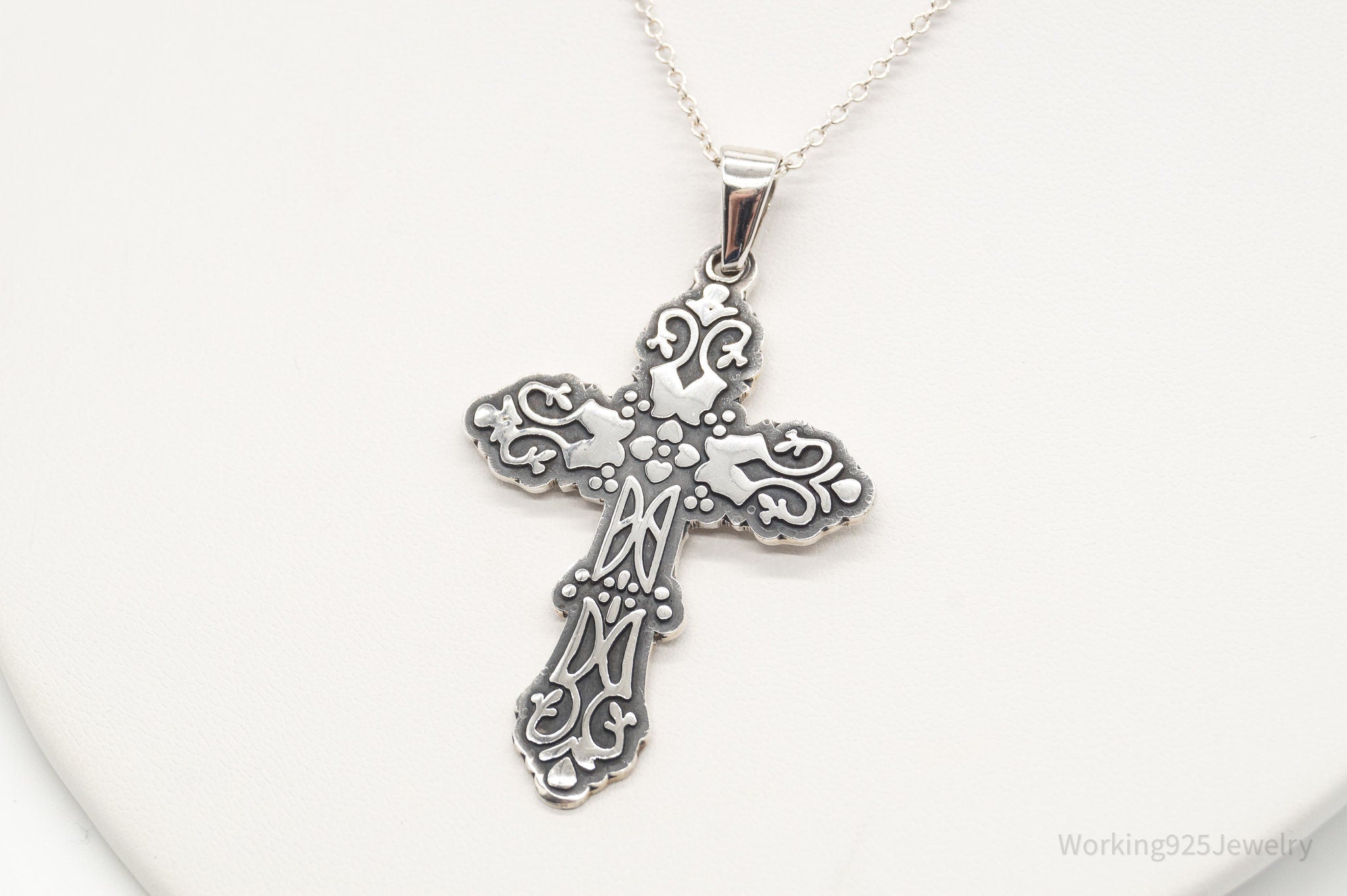 Vintage Large Mexico Artisan CII Cross Sterling Silver Necklace