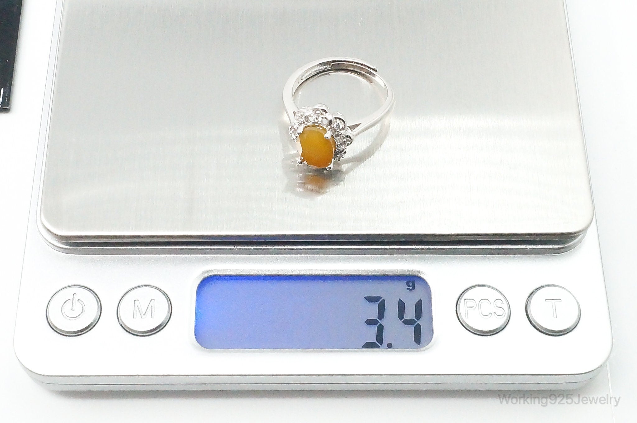 Yellow Onyx Cubic Zirconia Sterling Silver Ring - Size 7 Adjustable