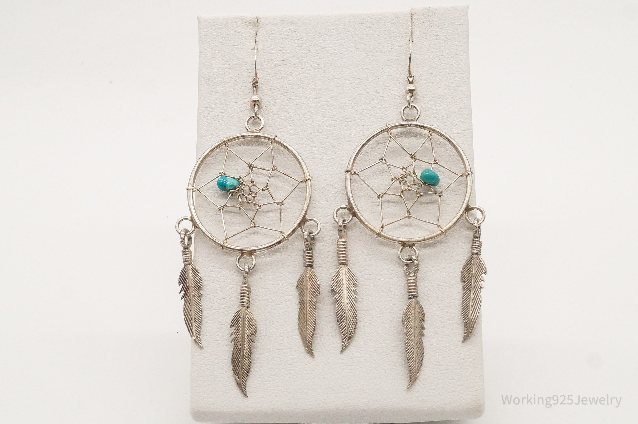 Vintage Native American Turquoise Dream Catcher Sterling Silver Earrings