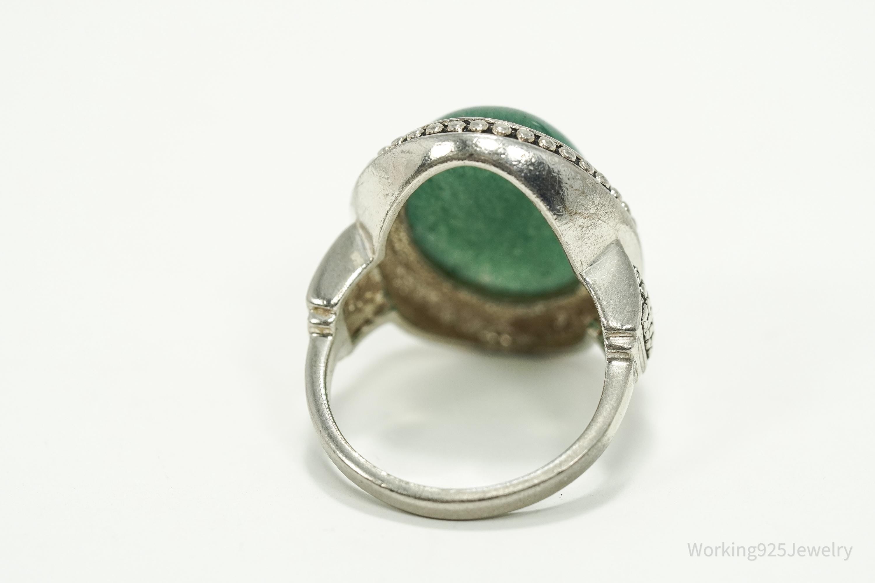Vintage Large Green Aventurine Sterling Silver Ring - Size 9