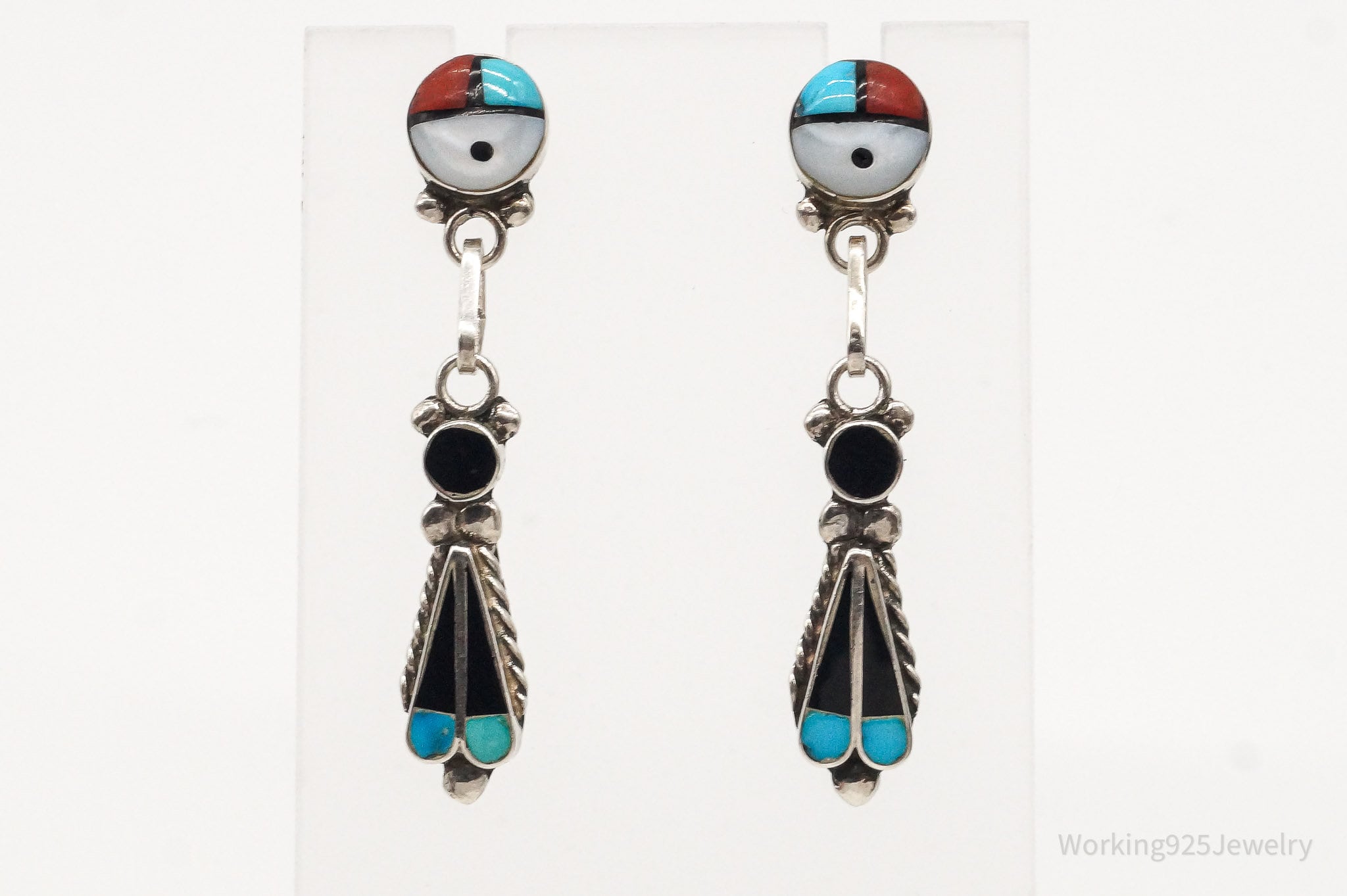 Vintage Native American Zuni Multi Gemstone Silver Earrings