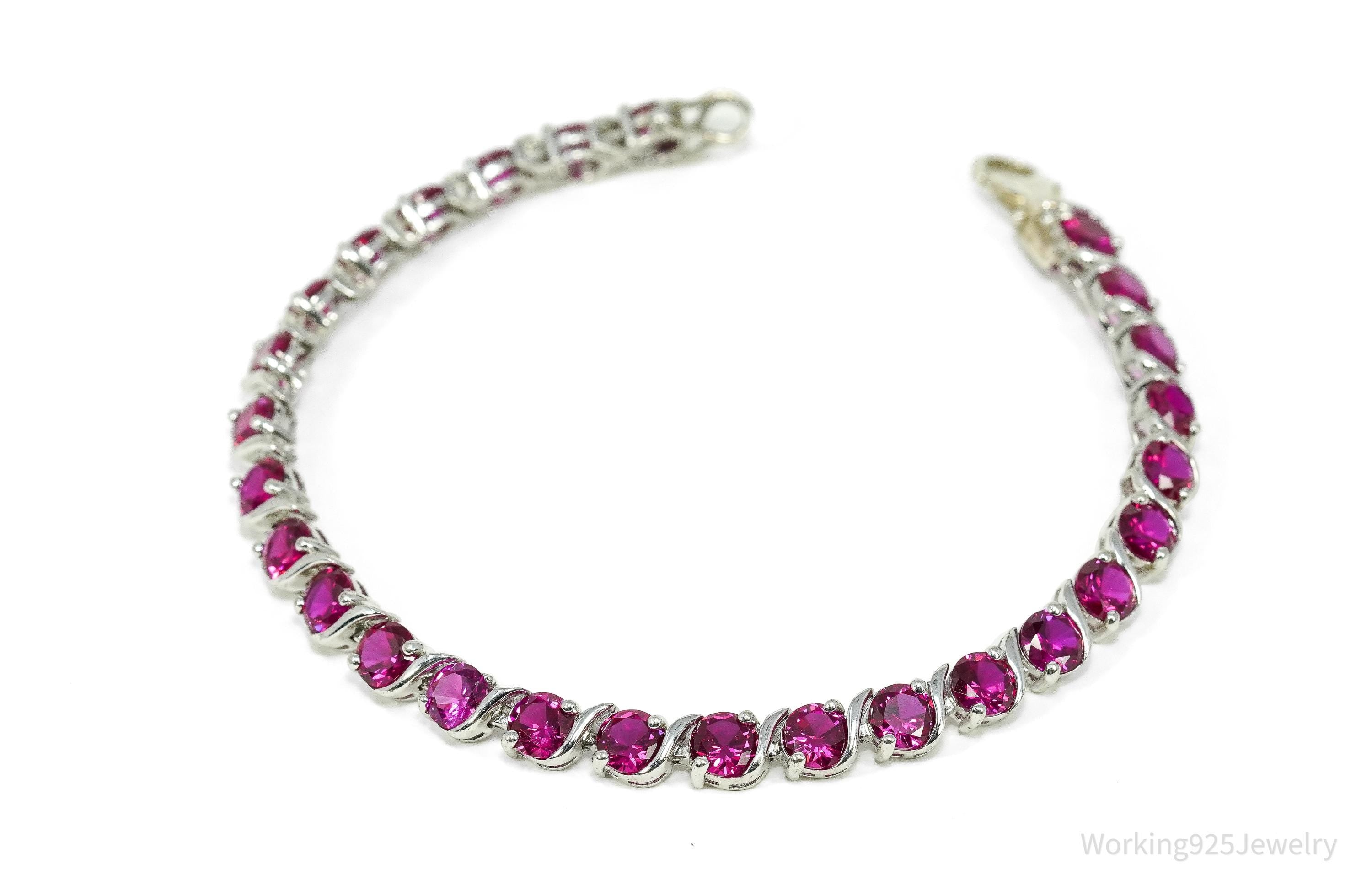 Vintage Lab Treated Ruby Sterling Silver Tennis Bracelet 7 5/8"