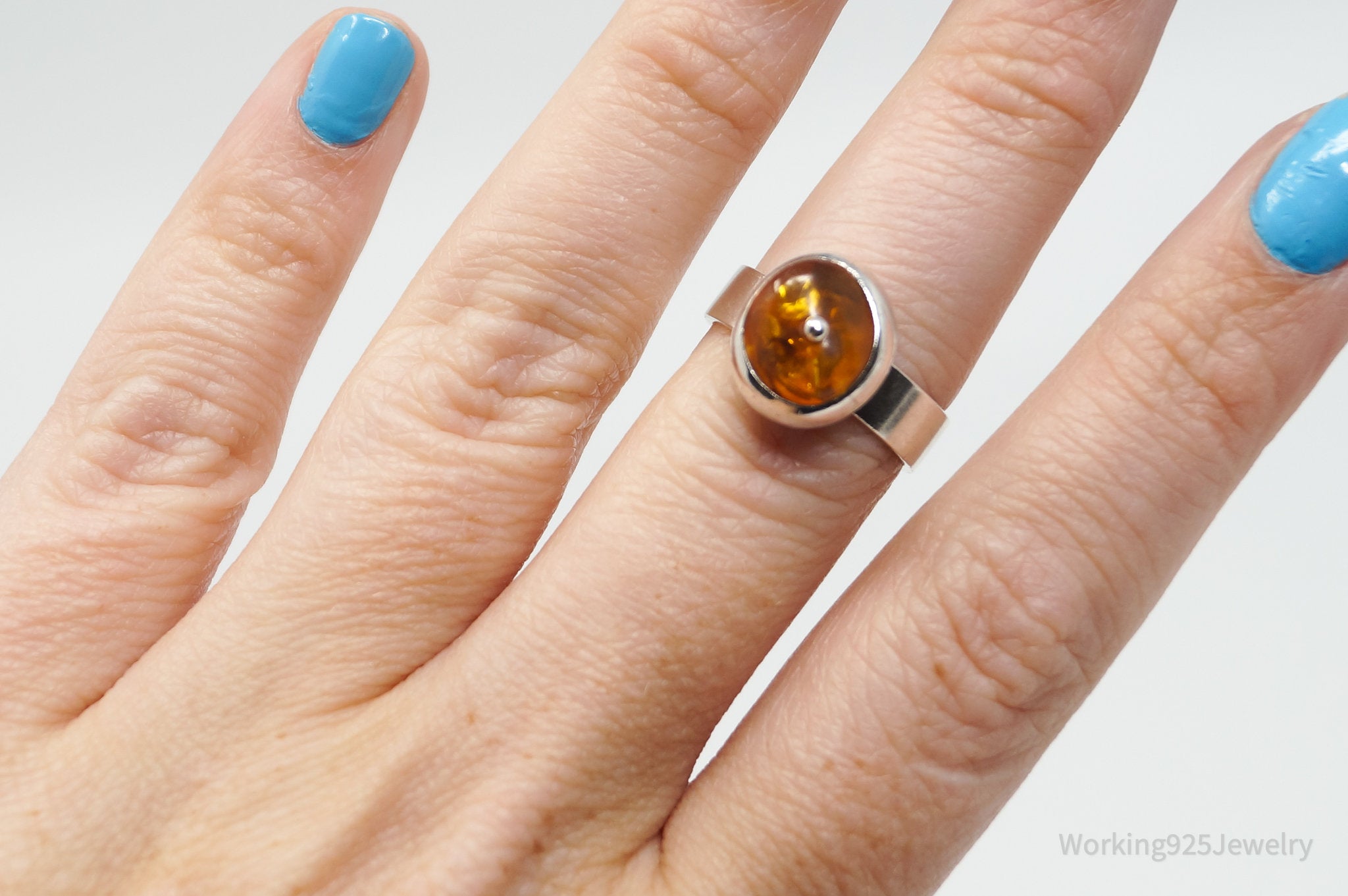 Vintage Unique Baltic Amber Sterling Silver Dot Ring - Size 7