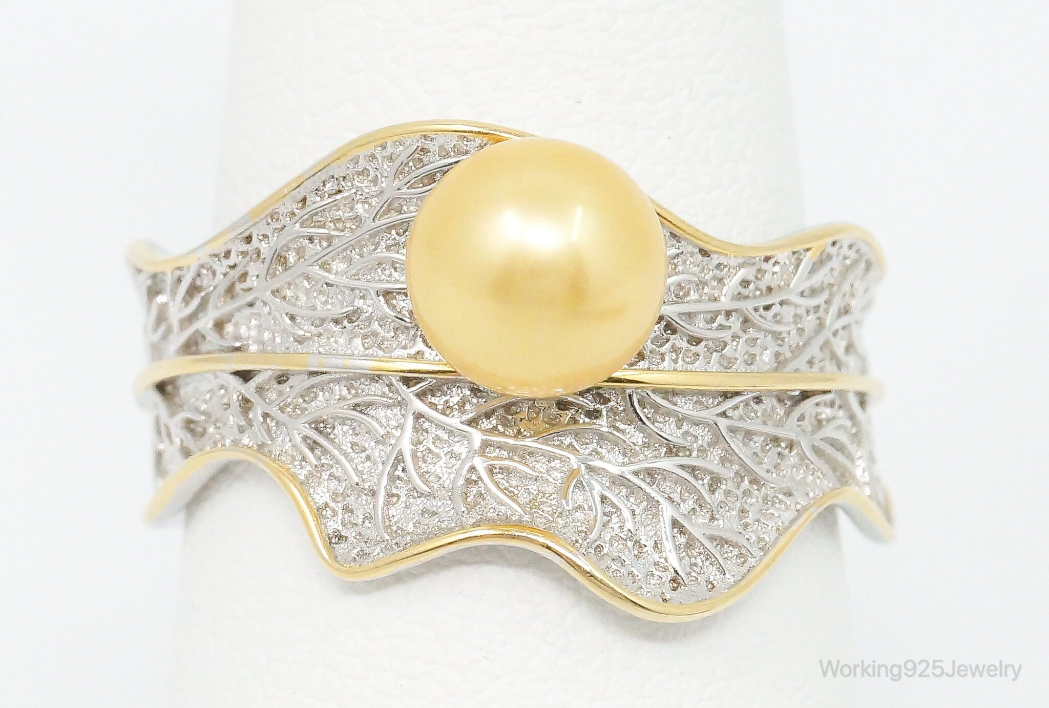 Vintage Yellow Lab Pearl Sterling Silver Gold Vermeil Ring Size 8 Adjustable