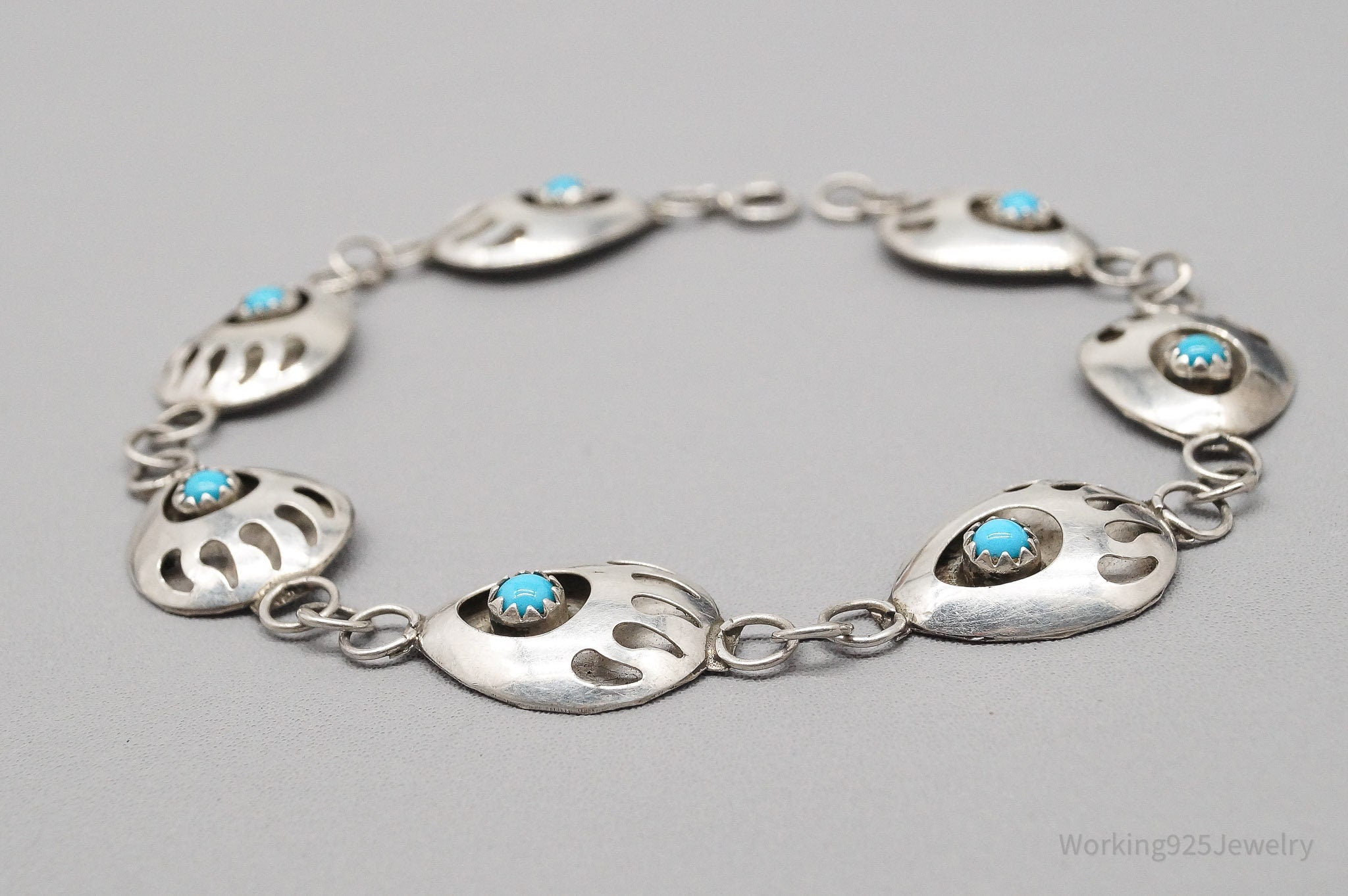 Vintage Native American Blue Turquoise Bear Paw Sterling Silver Bracelet