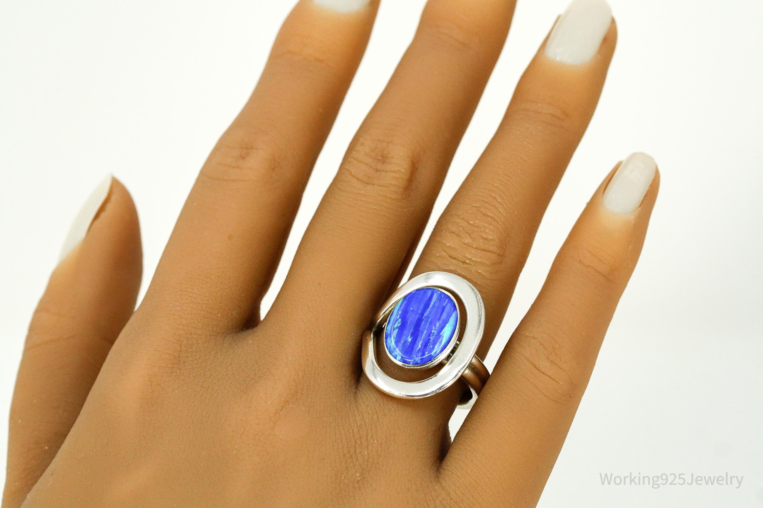 Vintage Opal Modernist Style Sterling Silver Ring - Size 8