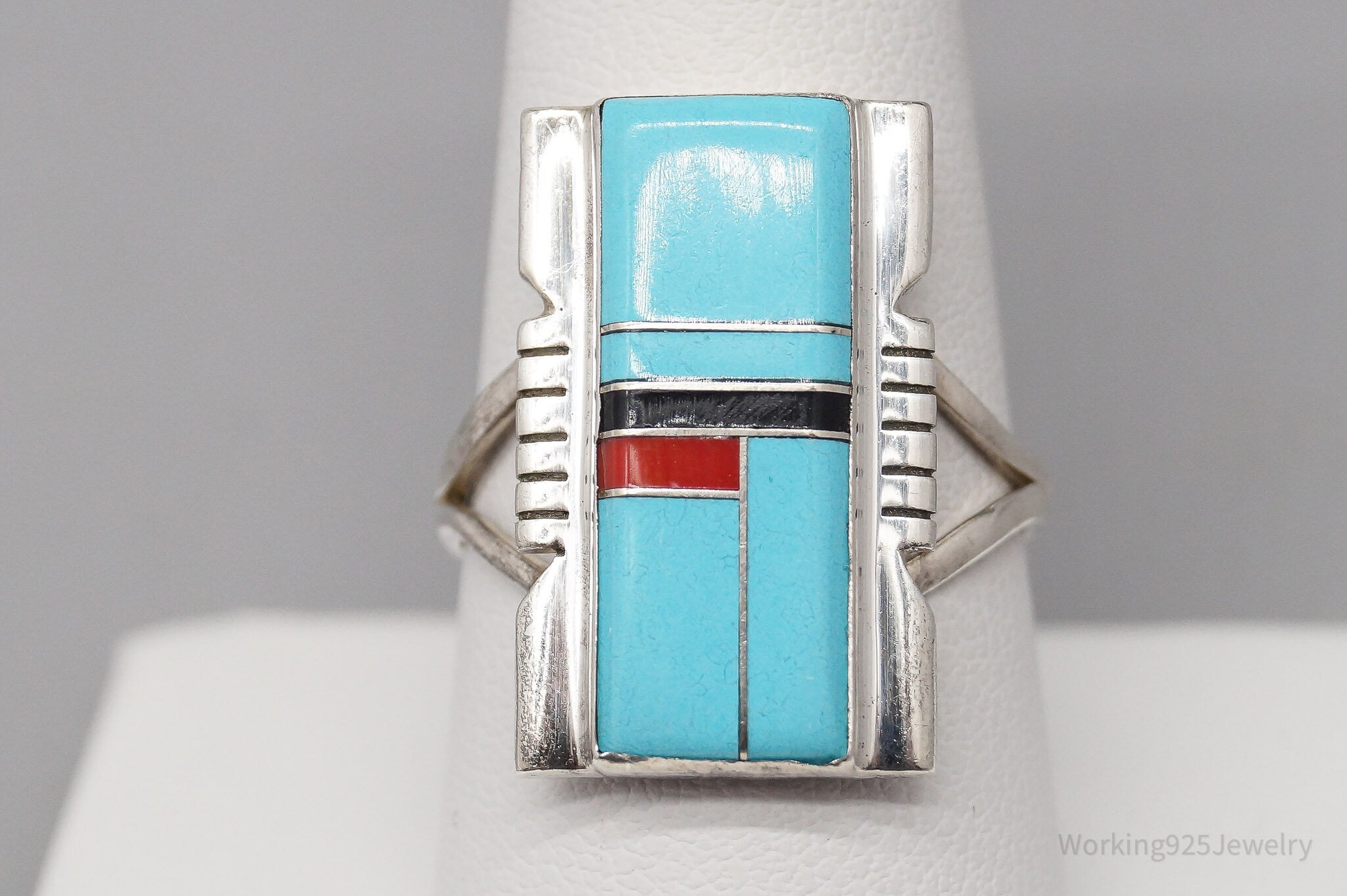 Vintage Native American Multi Gem Inlay Sterling Silver Ring - Size 9