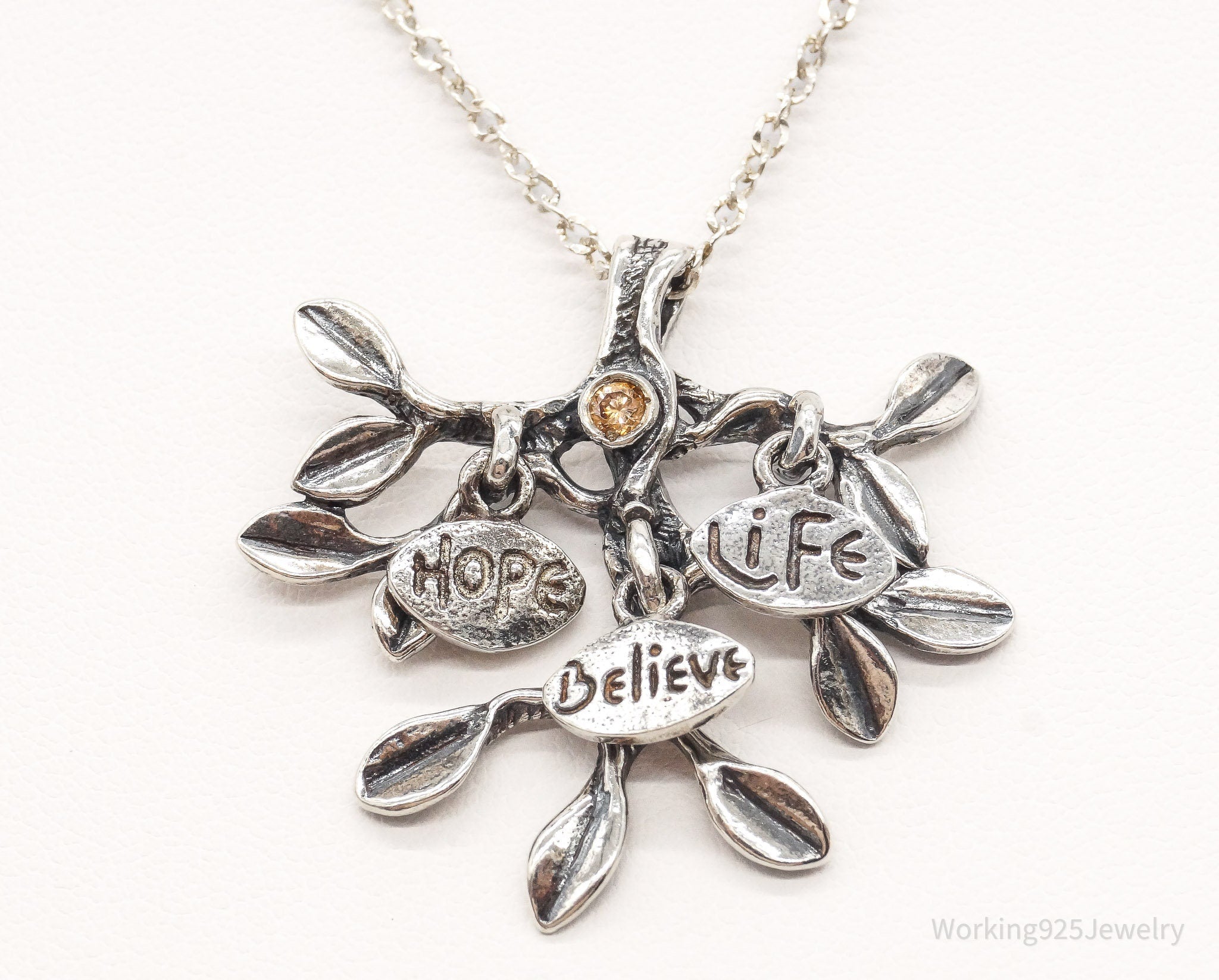 Vintage Shablool Didae Orange CZ Hope Believe Life Tree Sterling Silver Necklace