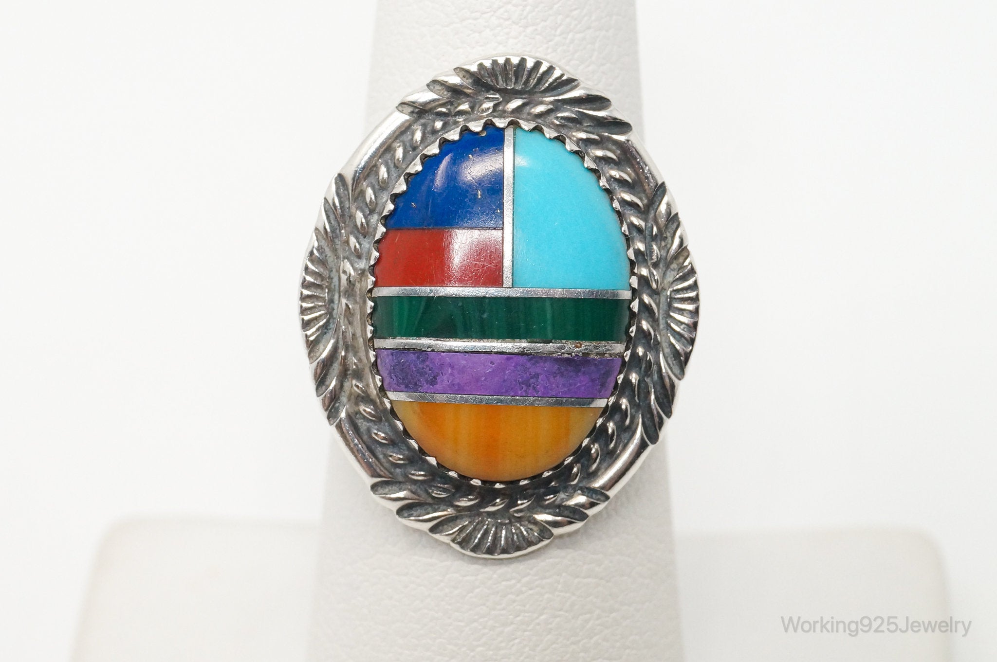 Vtg Native American Multi Gem Inlay Unsigned Sterling Silver Ring - Sz 6.25