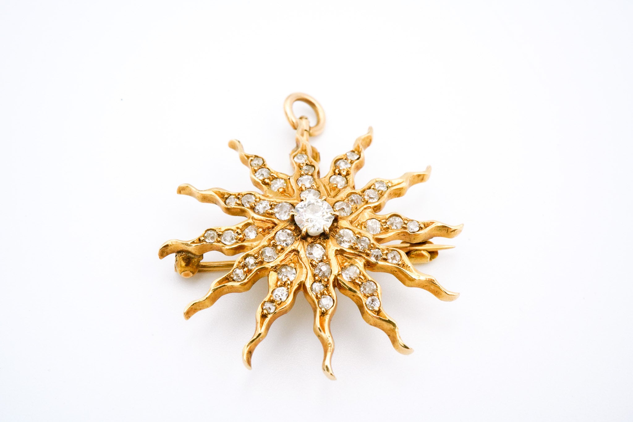 Victorian 14K Yellow Gold & Diamond Sunburst Brooch