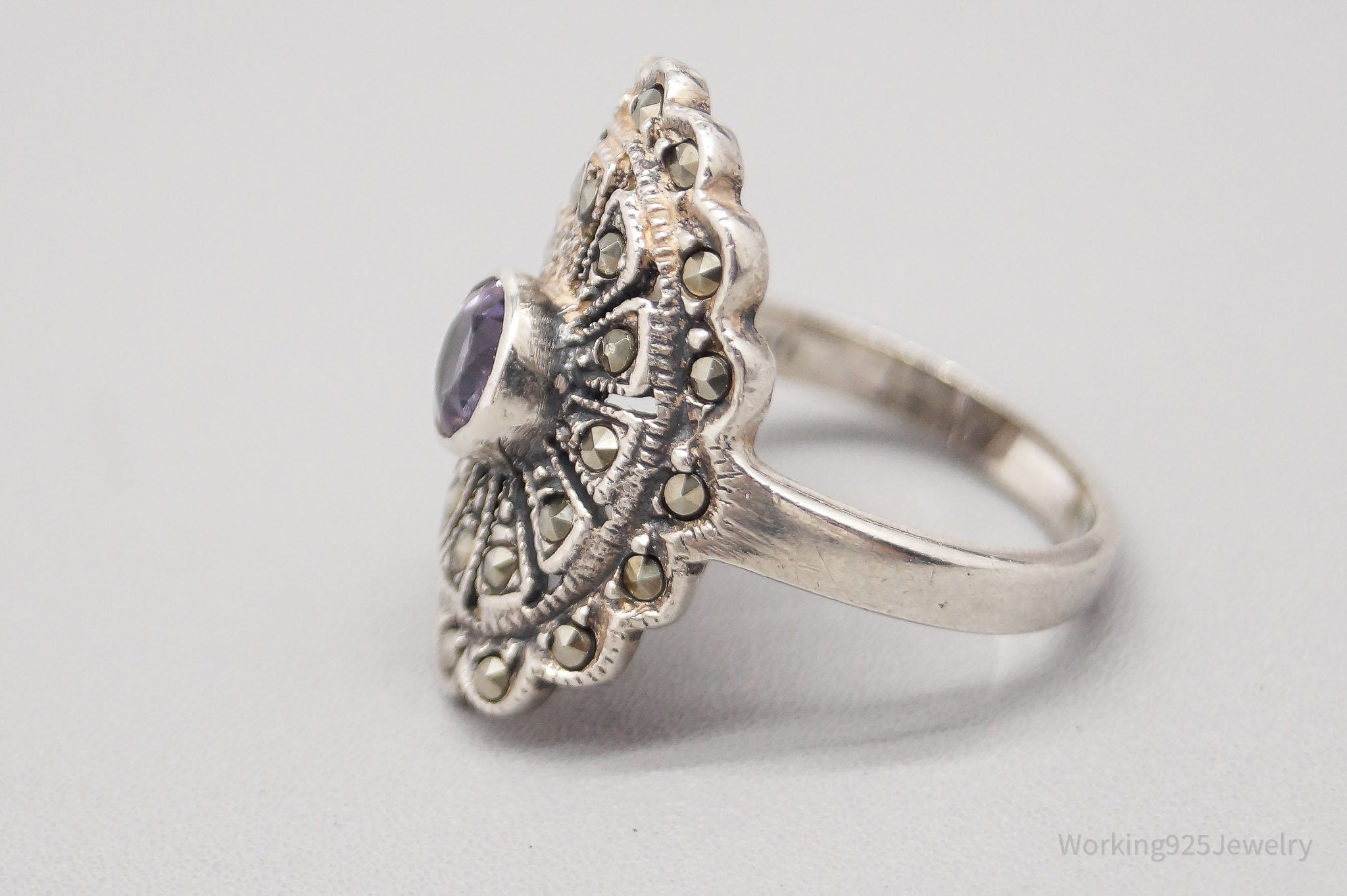 Vintage Amethyst Marcasite Sterling Silver Ring - Size 5.75