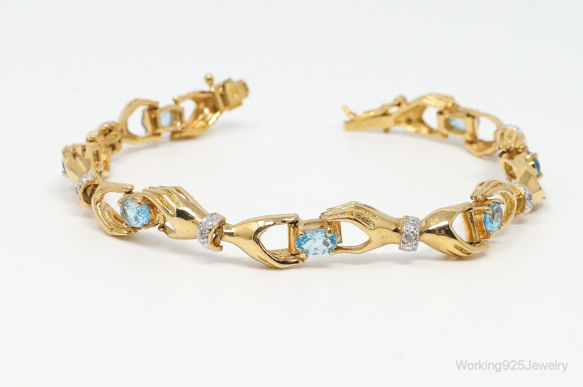 Vintage Two Hands Blue Topaz Diamond Gold Vermeil Sterling Silver Bracelet