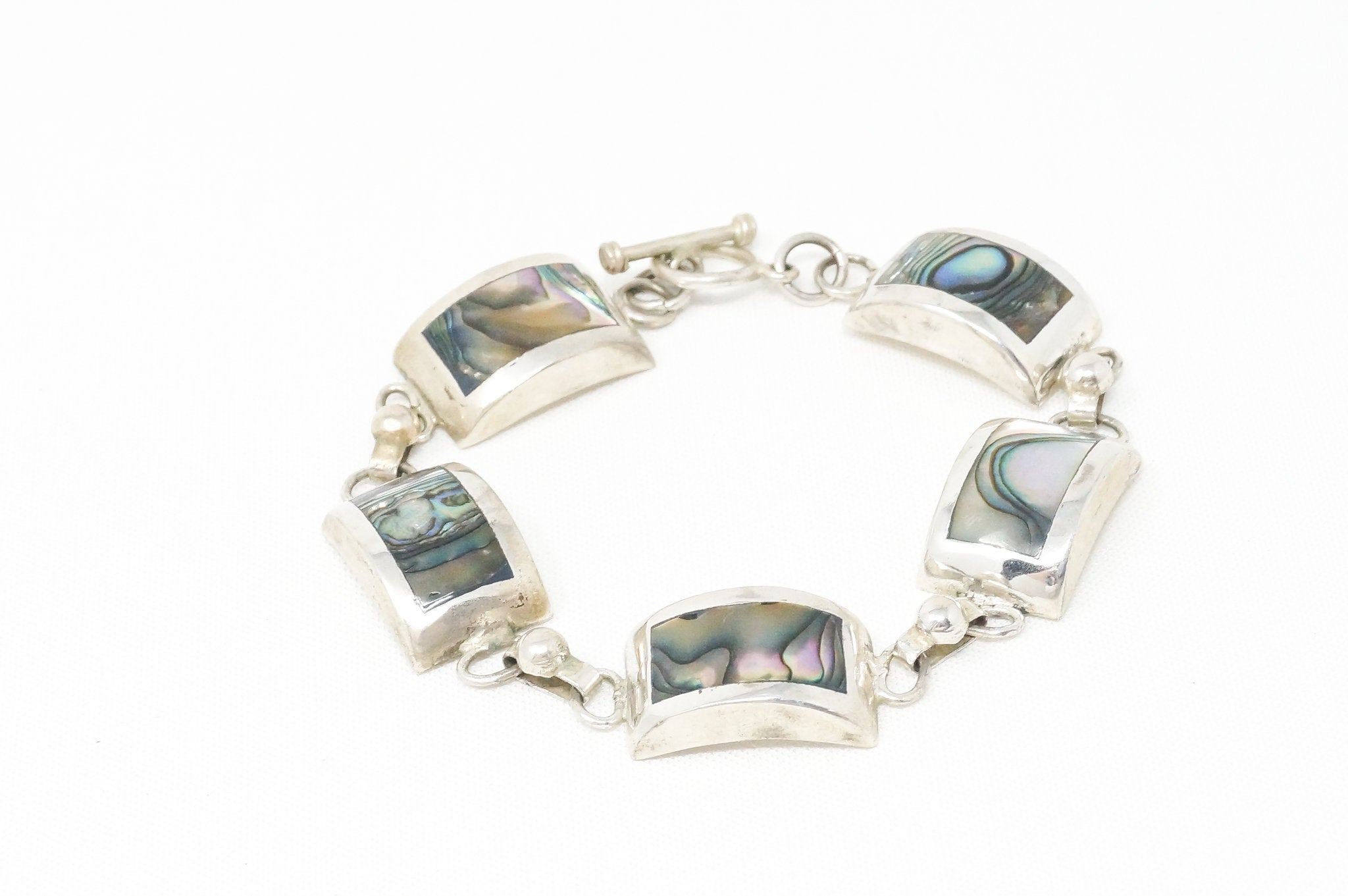 Vintage Mexico Designer Paua Abalone Shell Southwestern Sterling Silver Bracelet