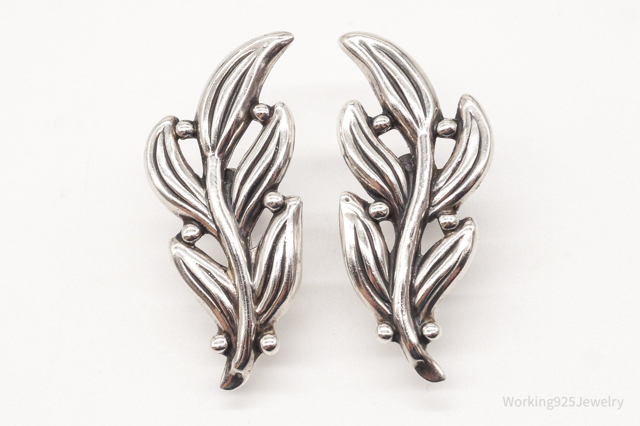 Vintage Mexico Modernist Hilario Lopez Fern & Spore Sterling Silver Earrings