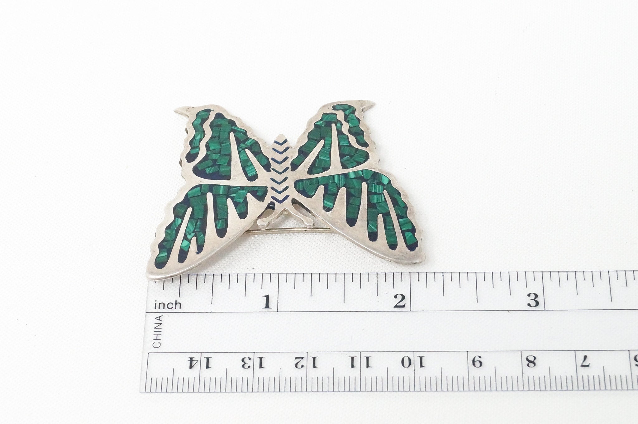 Vintage Taxco Mexico Malachite Butterfly Sterling Silver Brooch Pin