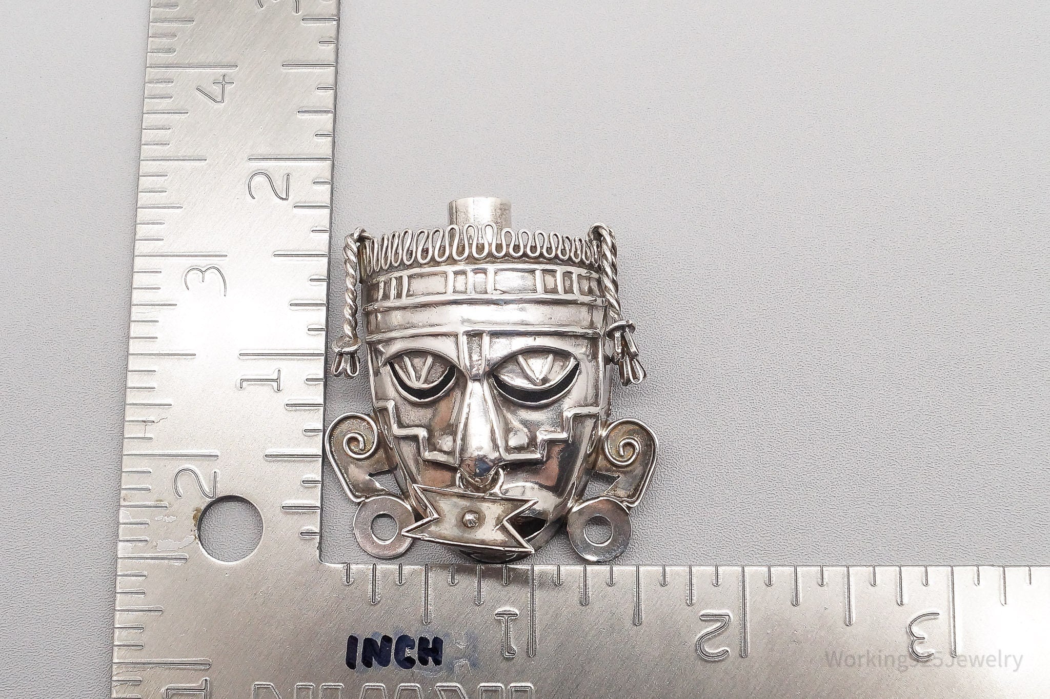 Large Vintage Mexico Aztec Warrior Mask Sterling Silver Brooch Pin Pendant