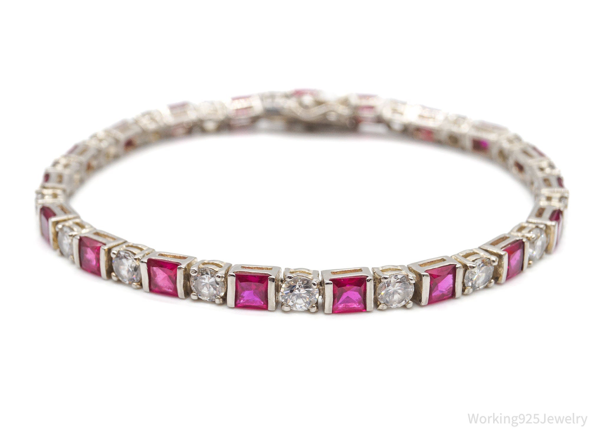 Vintage Ruby Cubic Zirconia Sterling Silver Tennis Bracelet