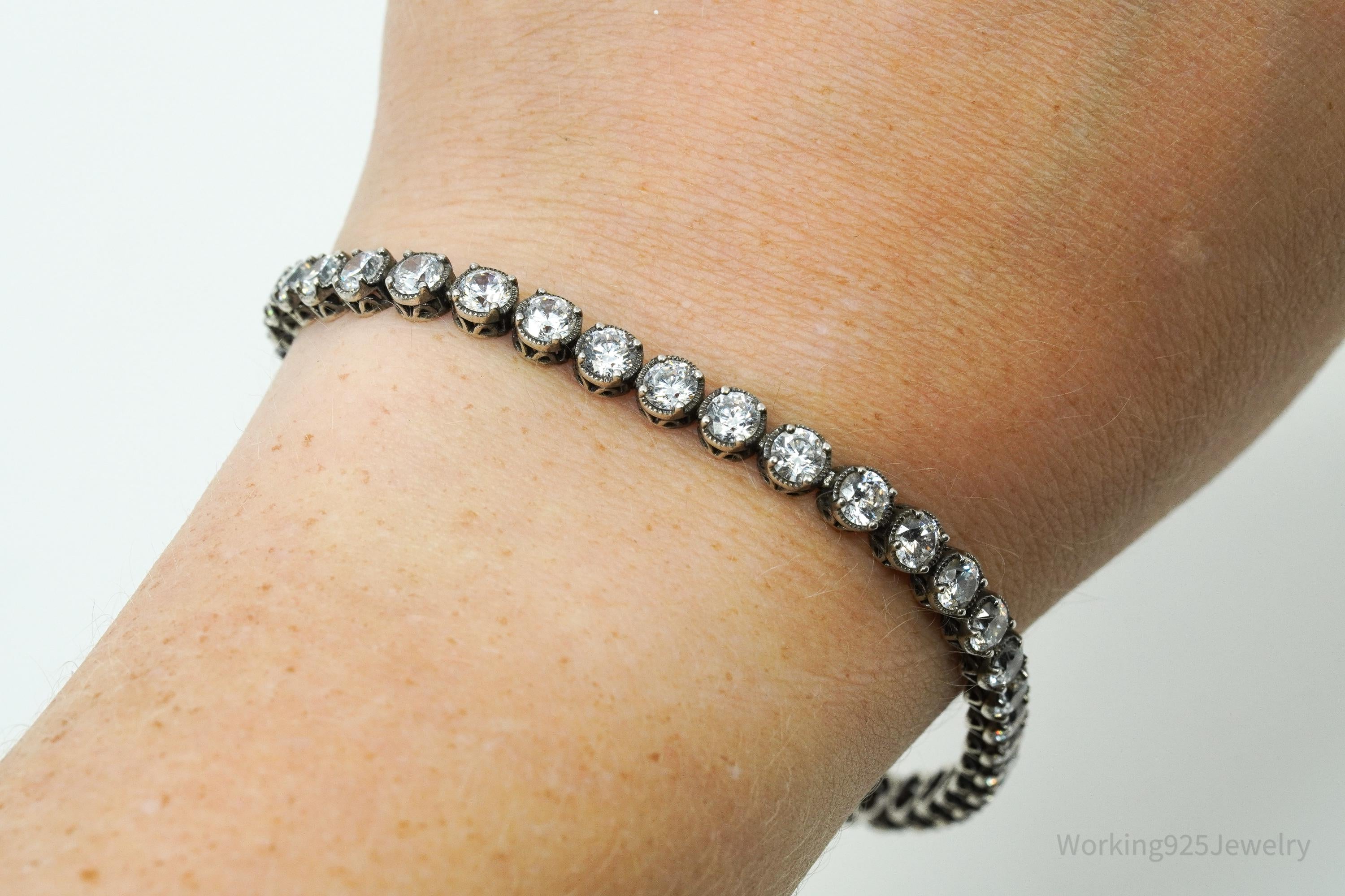 Vintage Platinum Clad Cubic Zirconia Sterling Silver Bracelet 8"