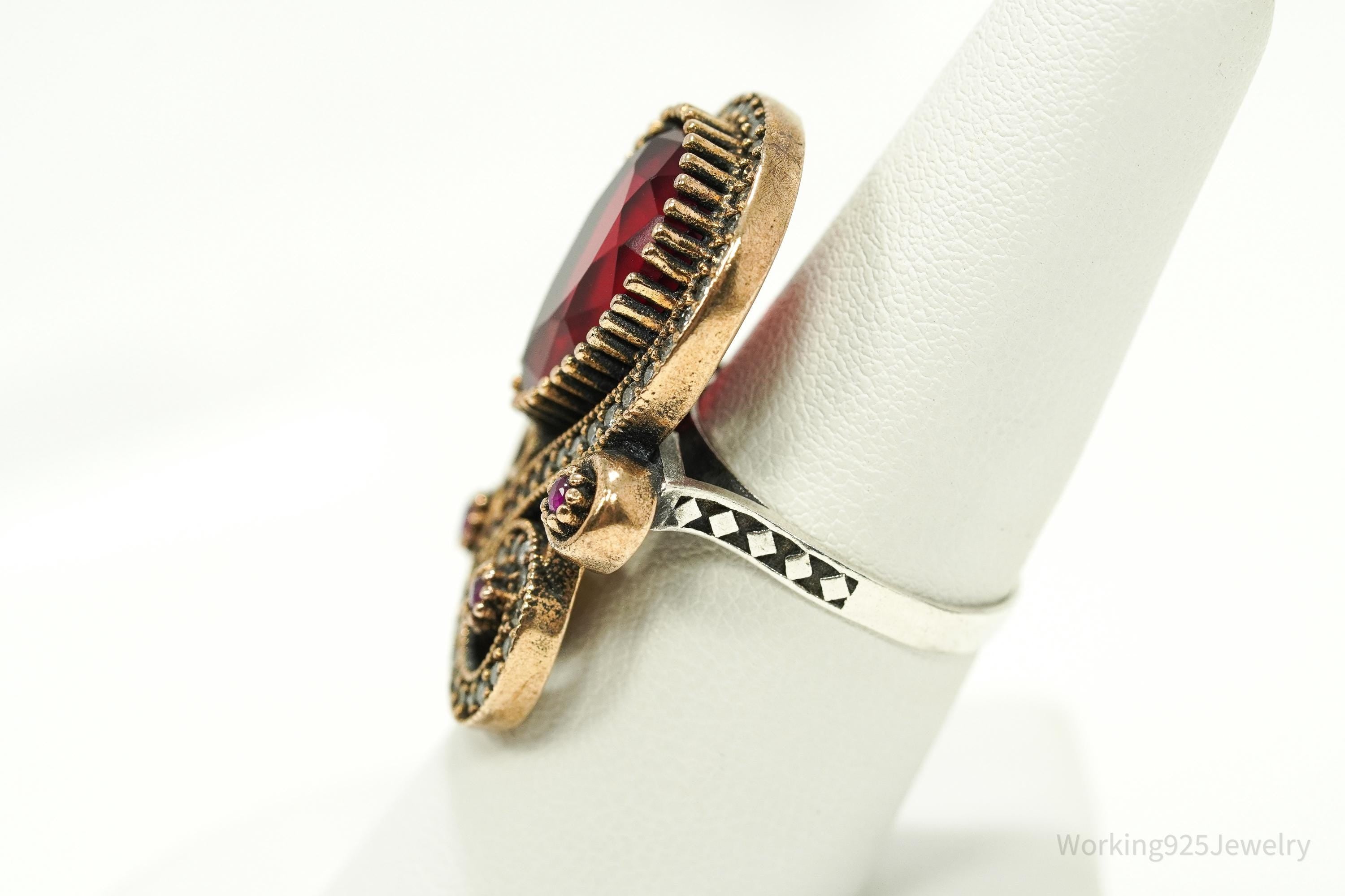 Vintage Red Stone, Ruby, & Cubic Zirconia Sterling Silver Ring - Size 7.5