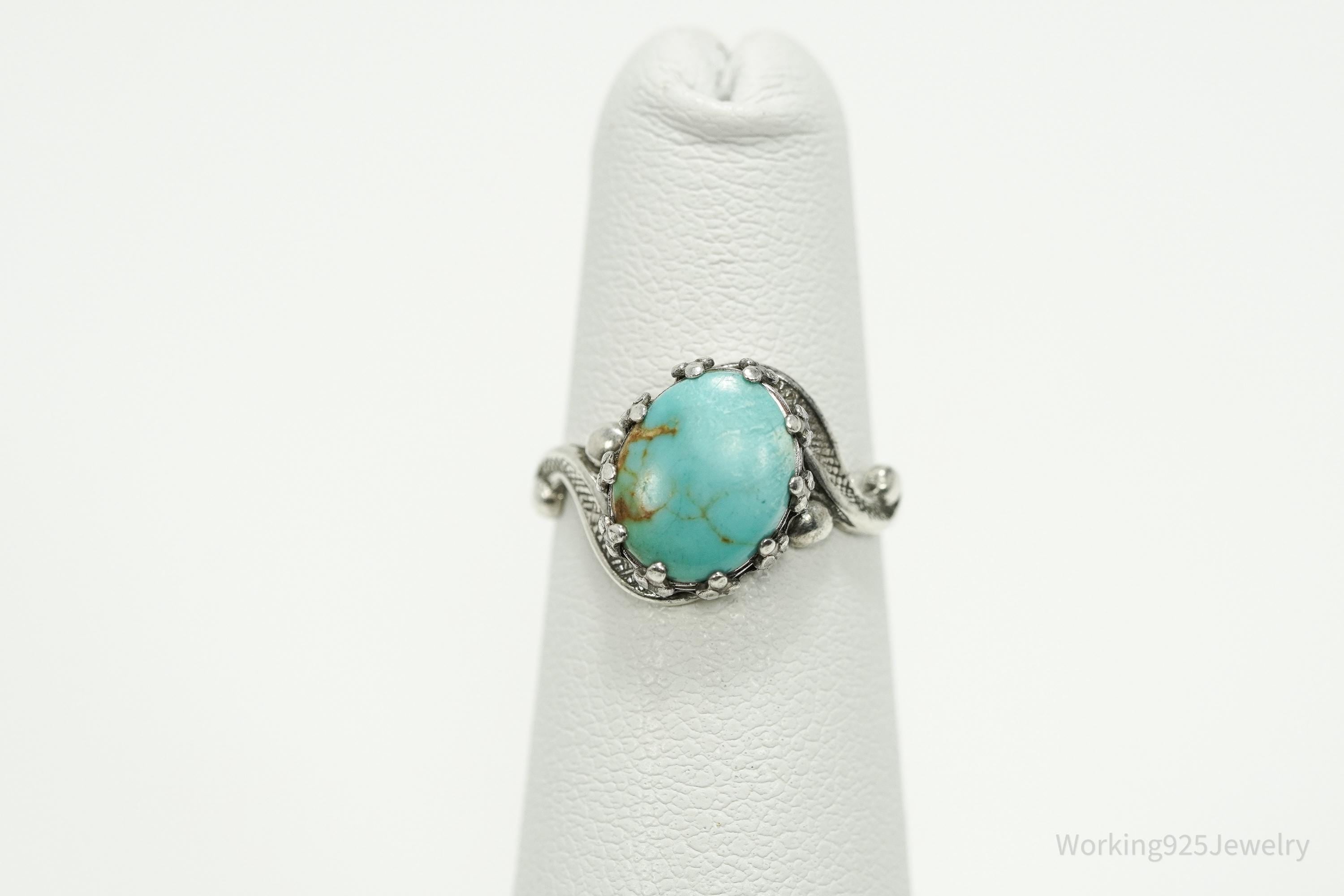 Vintage Native American Signed JP Turquoise Sterling Silver Ring - Size 4.5